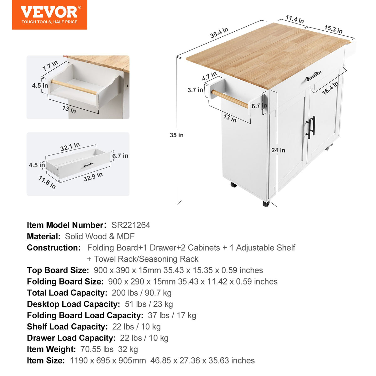 Kitchen Island Cart With Solid Wood Top