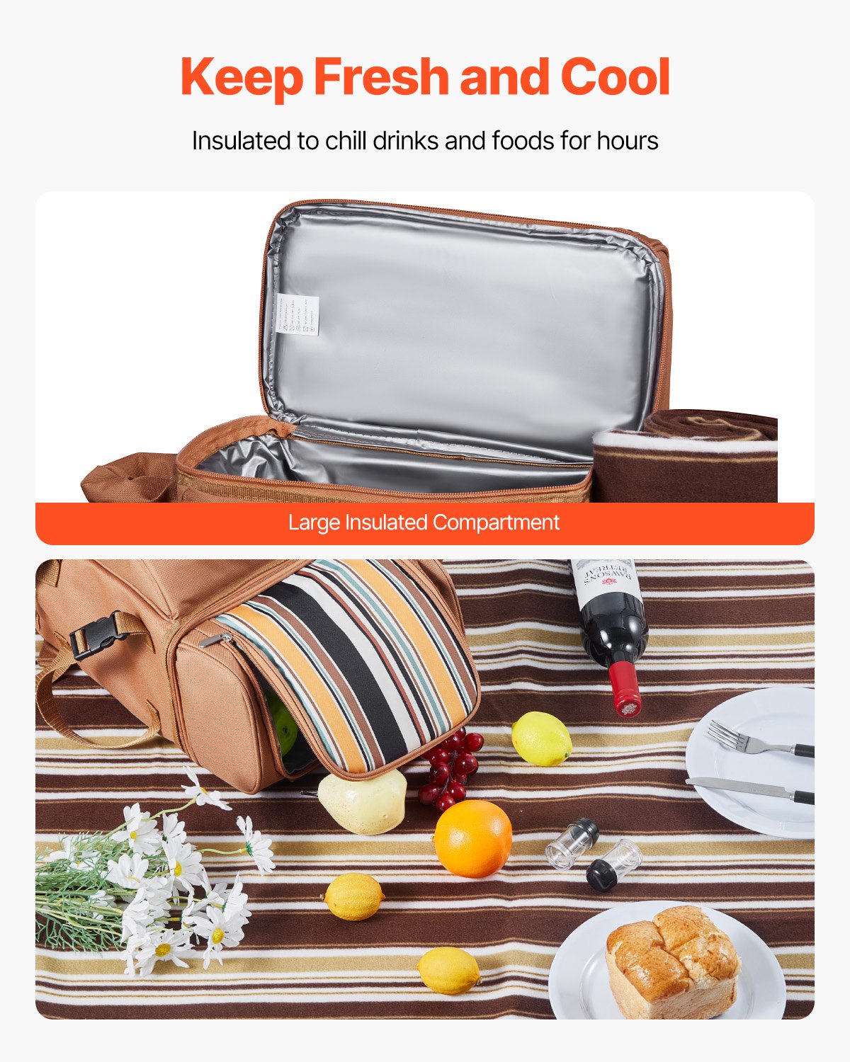 4-Person Picnic Backpack with Cooler Compartment Brown