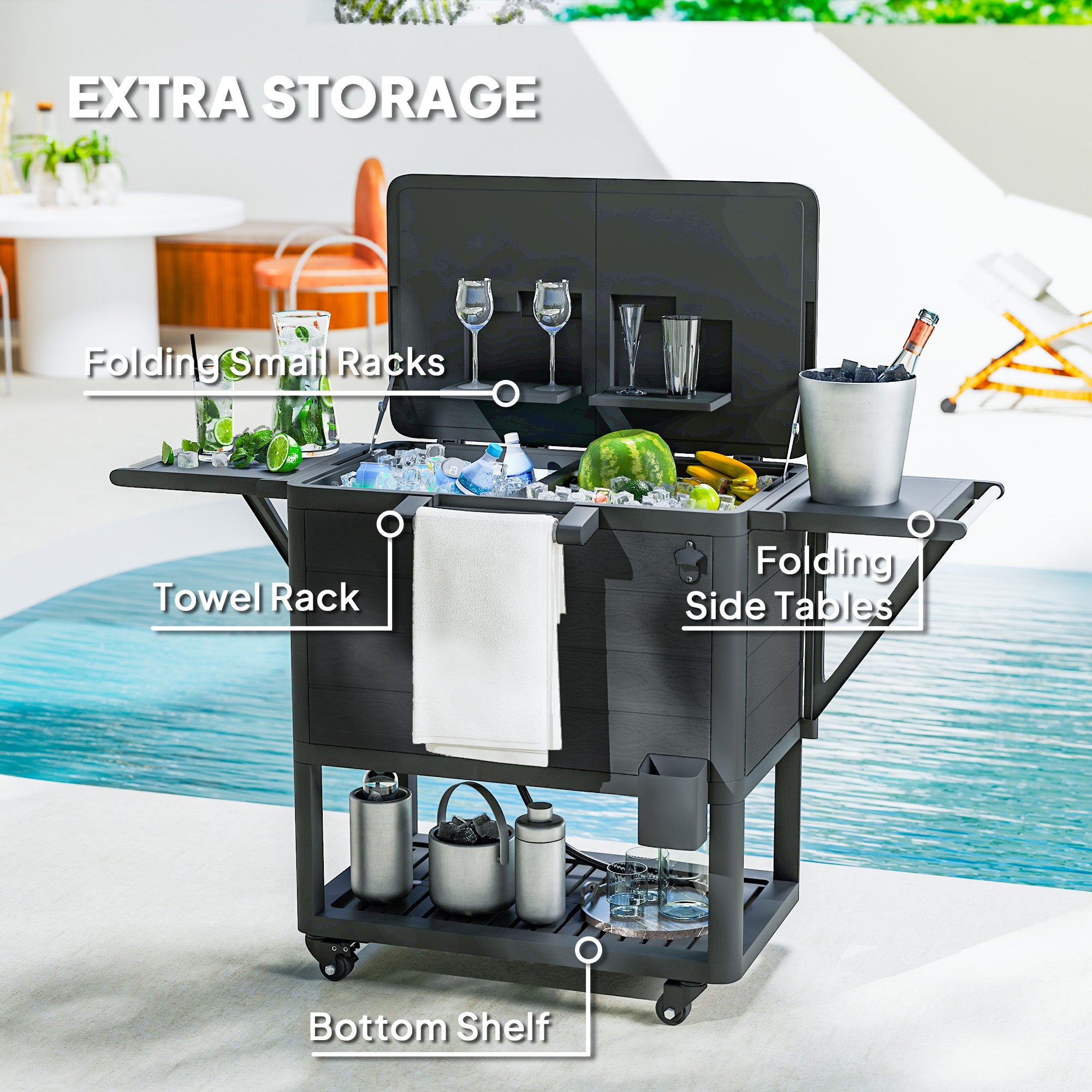 104 Quart Rolling Cooler Cart with Shelves