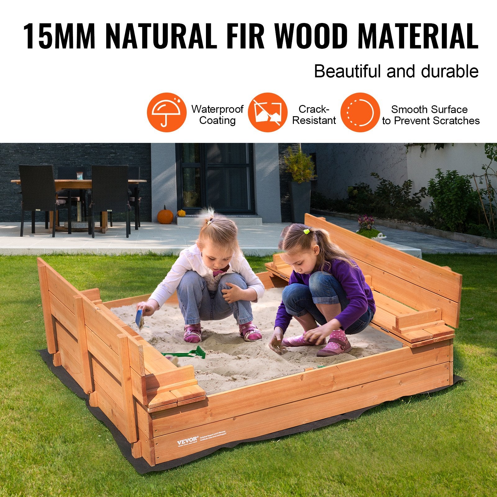 Wooden Sandbox with Foldable Bench Seats & Liner