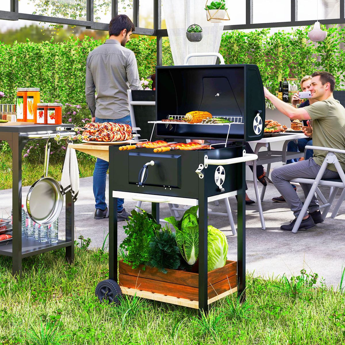 Charcoal BBQ Grill with Side Table and Storage Shelf