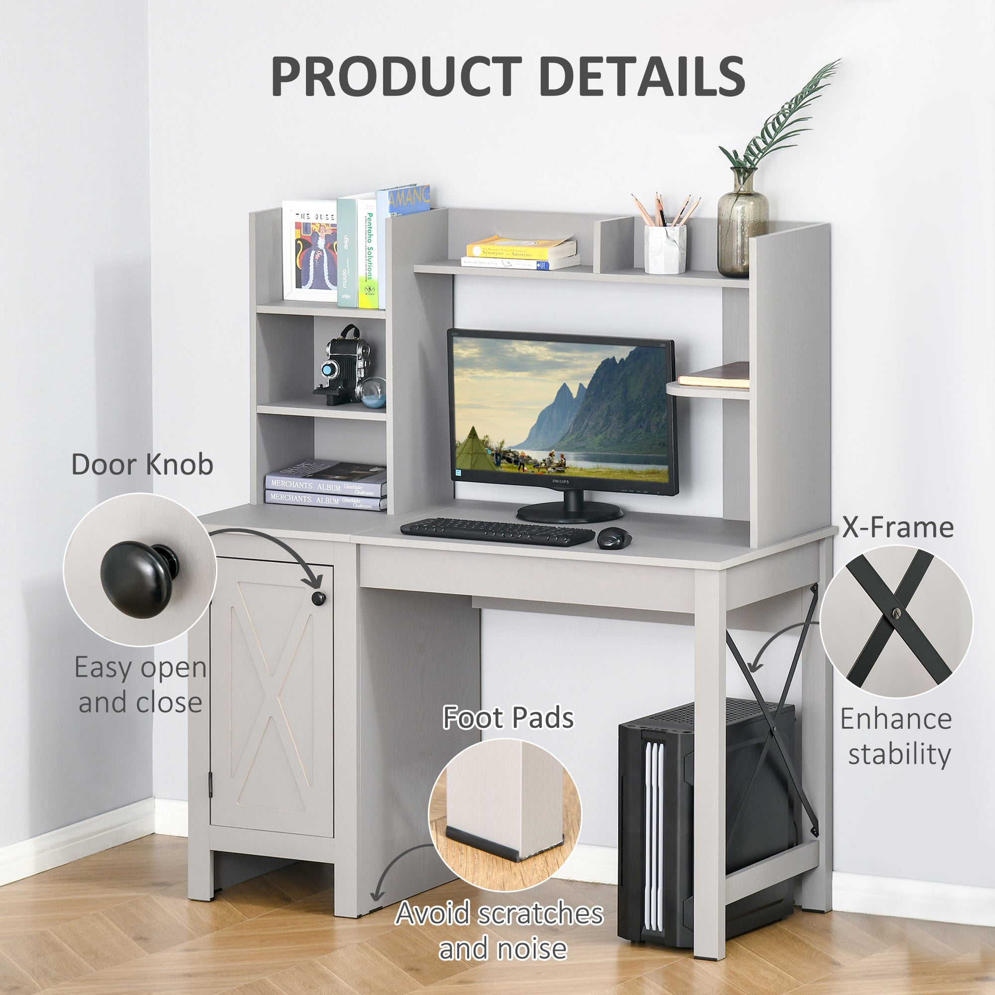 Computer Desk with Hutch and Storage Cabinet, Light Grey