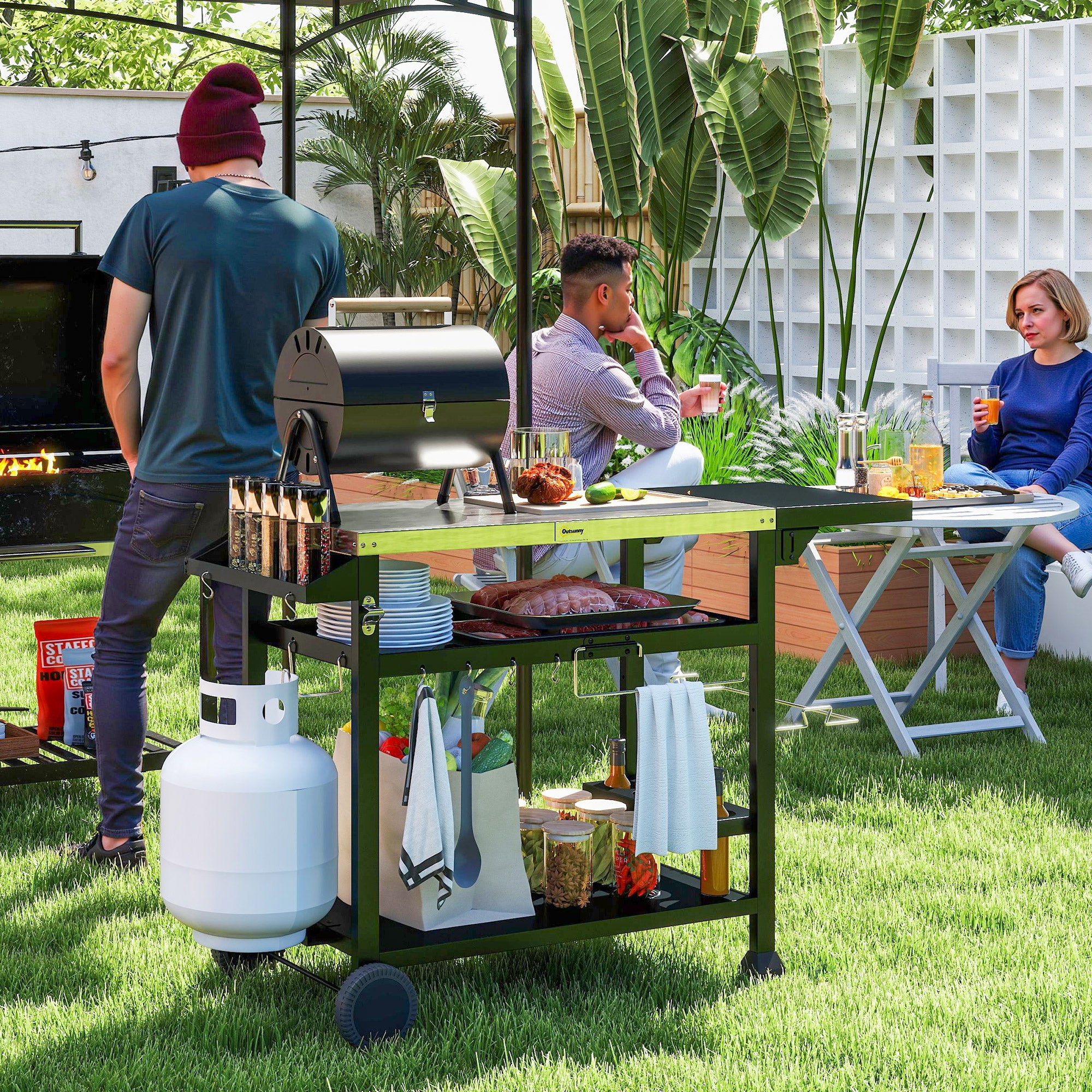 3-Shelf Stainless Steel Grill Cart with Foldable Side Table