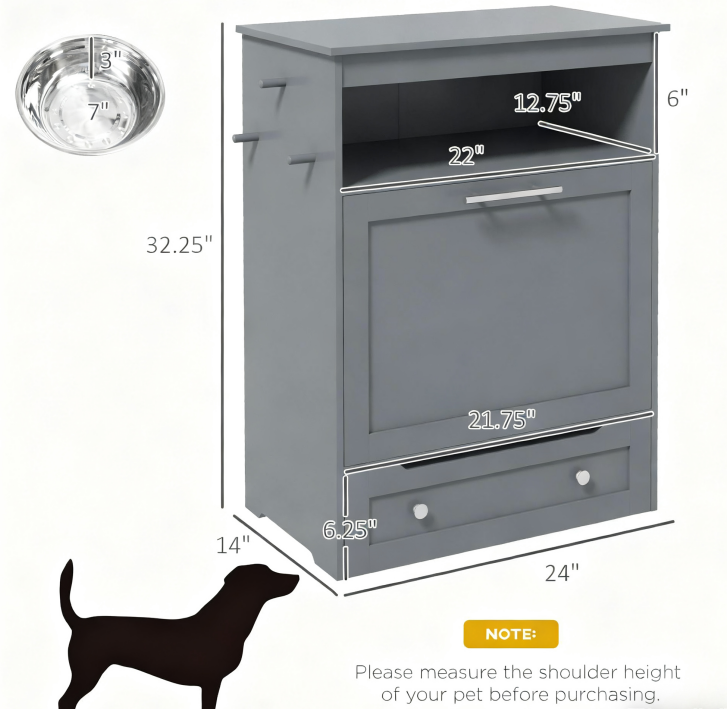 Dog Raised Bowl Feeder Station Storage Cabinet, Gray