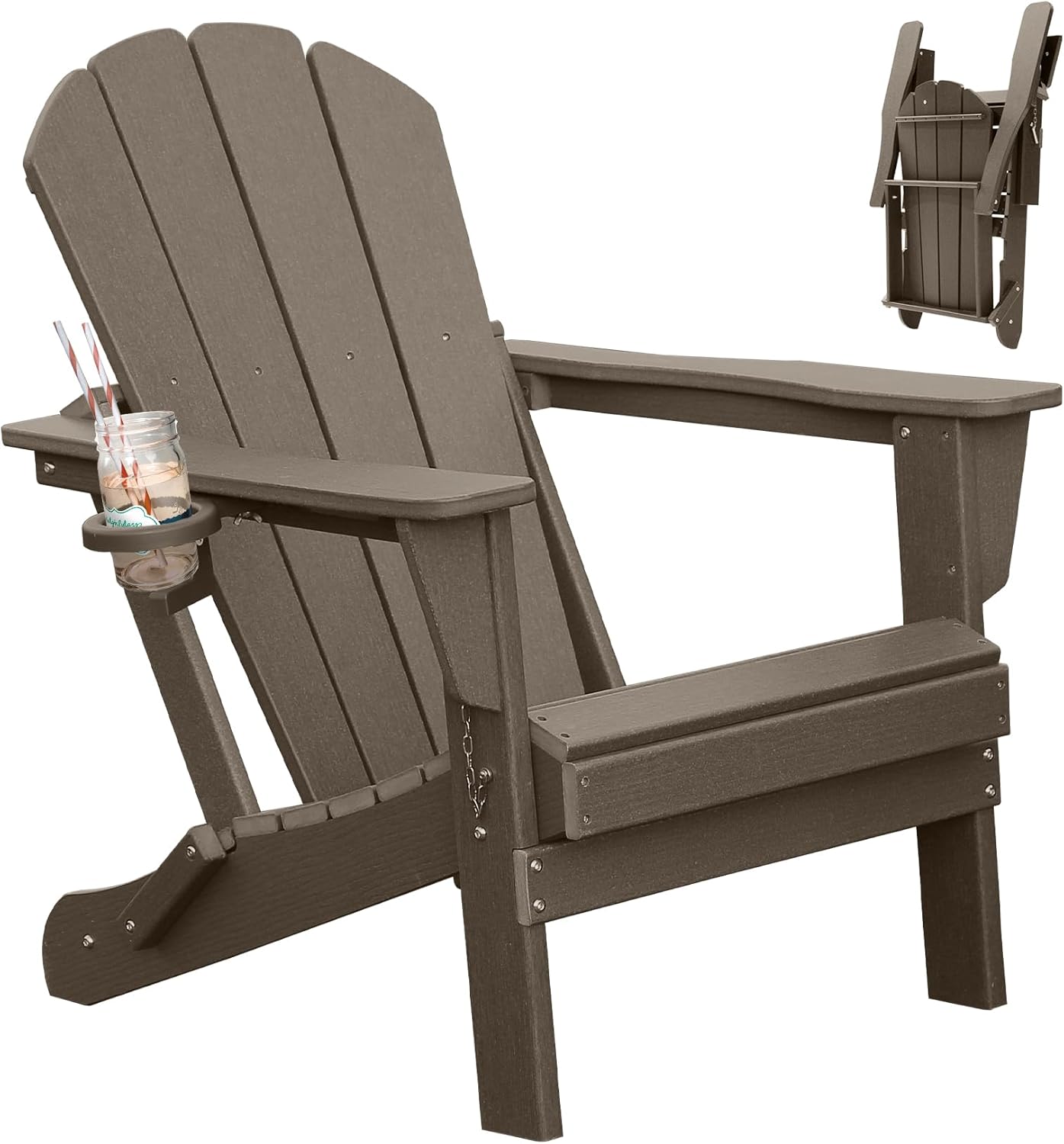 HDPE Folding Adirondack Chair with Cup Holder - Brown