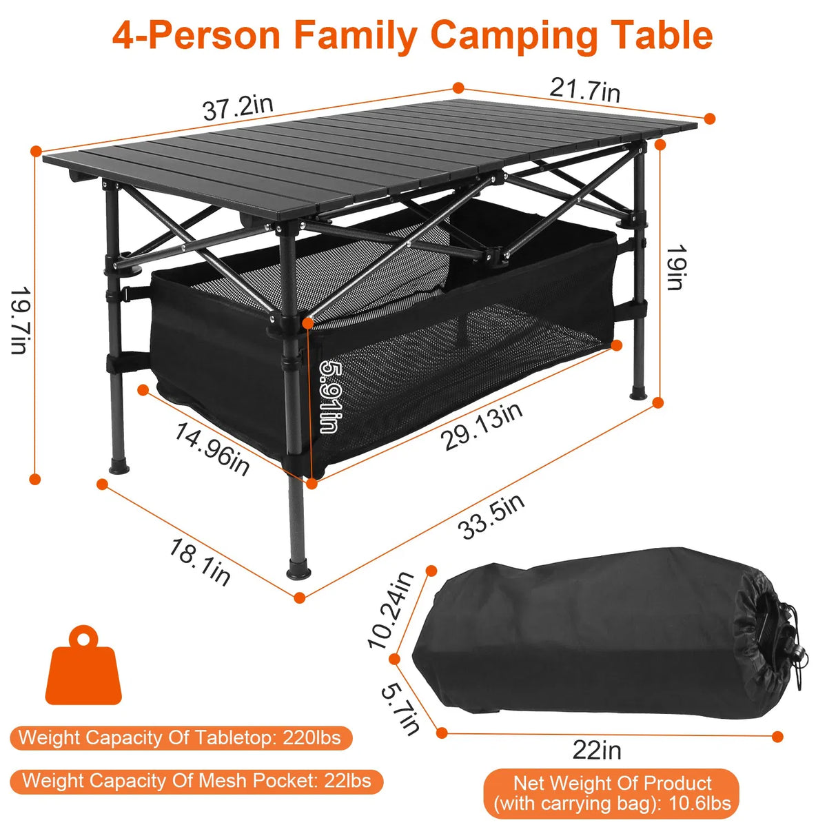 220 Lb Capacity Foldable Camping Table Aluminum Top & Steel Frame