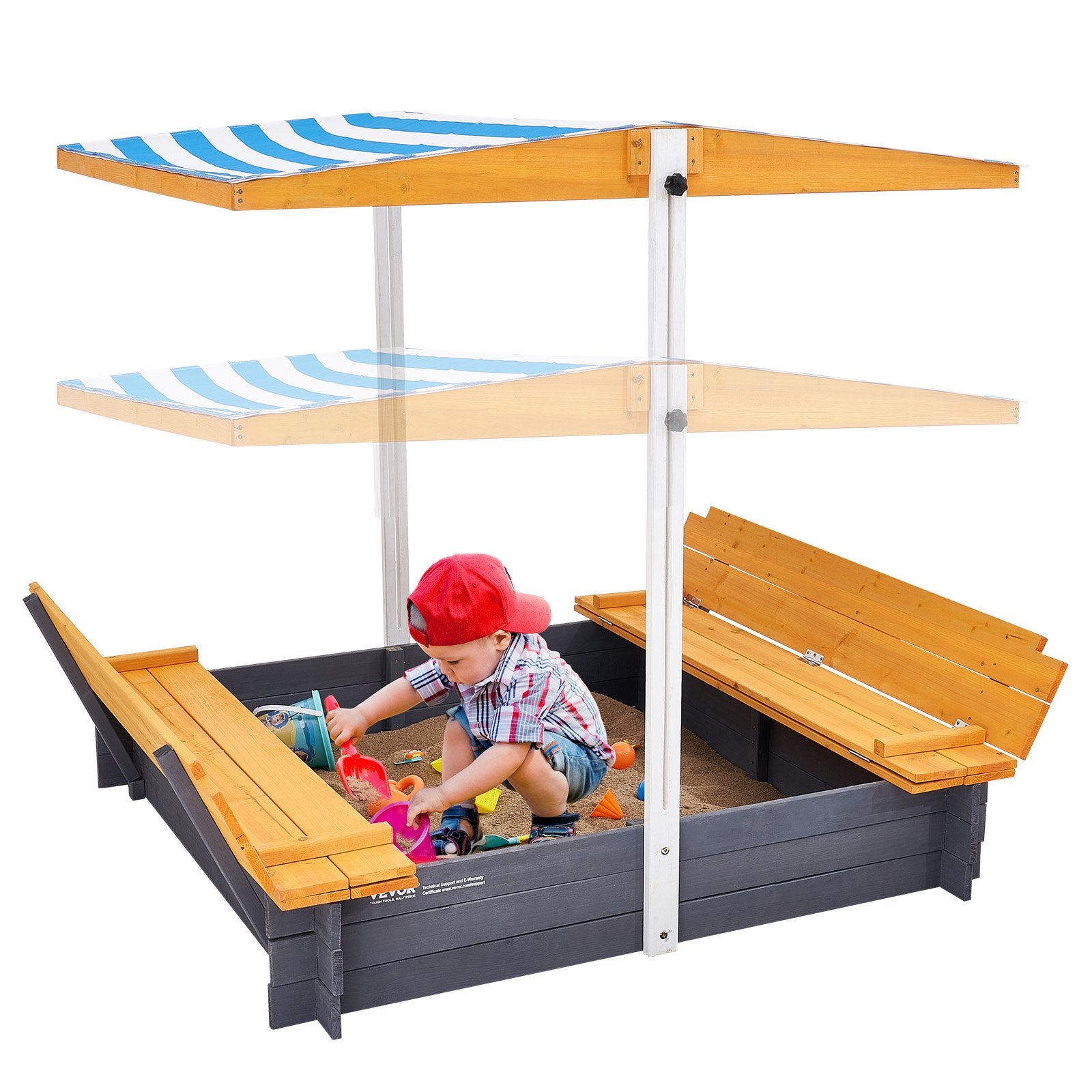 Wooden Sandbox with Canopy & Bench Seats, 57x47 In