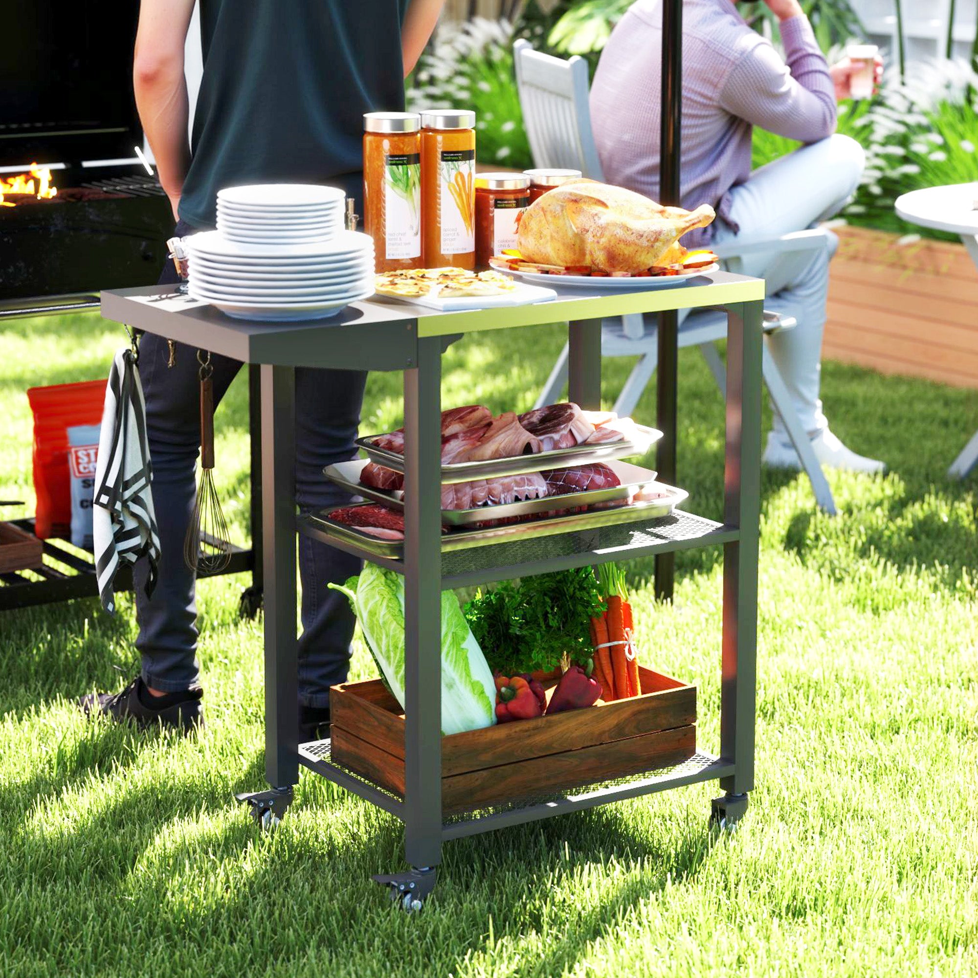 Three-Shelf Stainless Steel Outdoor Grill Cart with Foldable Side Table