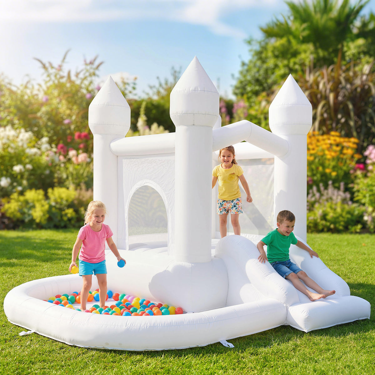 3-in-1 White Castle Inflatable Bounce House with Slide & Ball Pit