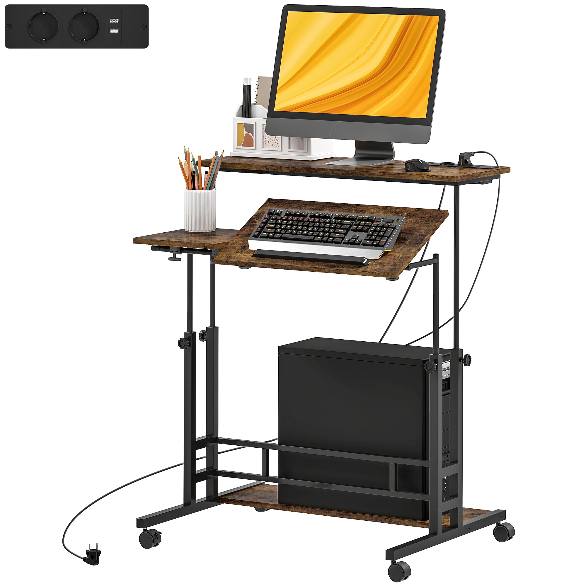Adjustable Standing Desk with Power Outlets & Tiltable Top