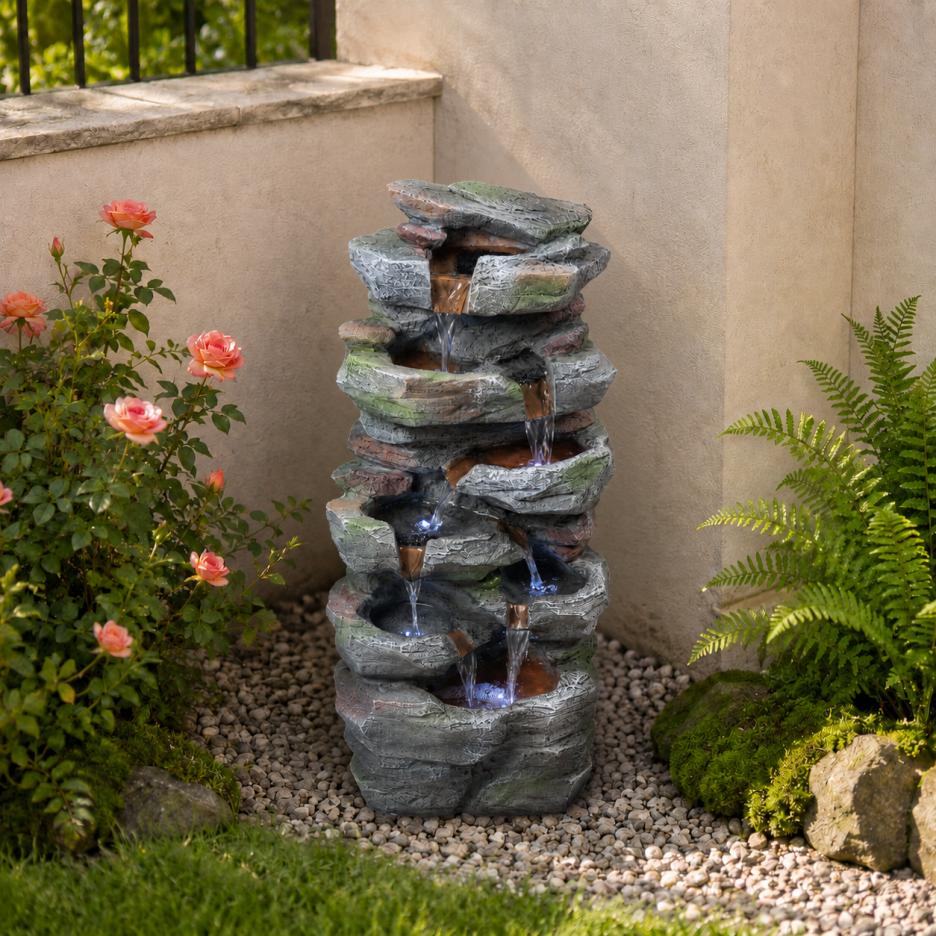 Rock Waterfall Outdoor Fountain with LED Lights