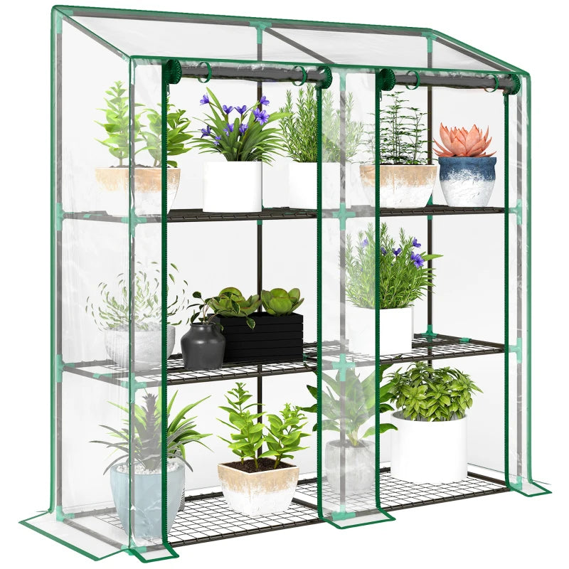 Lean-to Greenhouse with 3-Tier Shelves and Roll-Up Doors