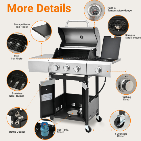 3-Burner Stainless Steel Propane Gas Grill With Side Burner