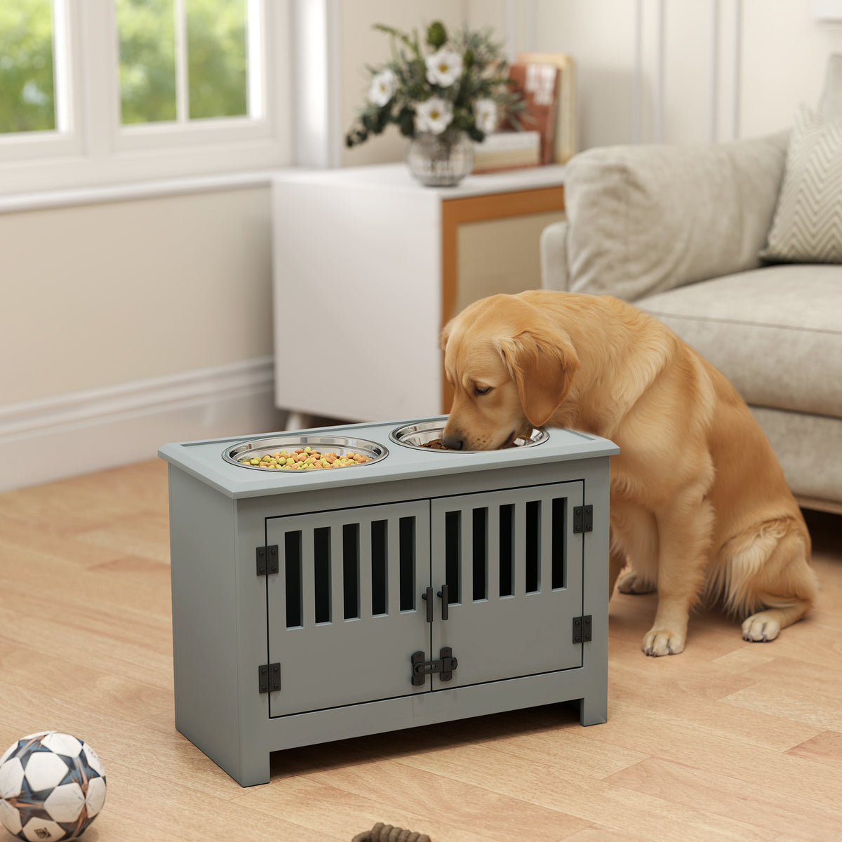 Gray Dog Food Storage Cabinet with Bowls & Feeding Station