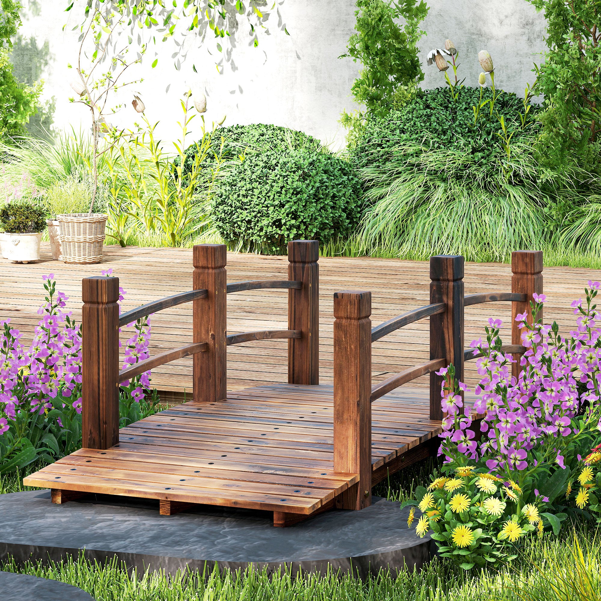 Fir Wood Garden Bridge 60" Arc Walkway with Side Railings