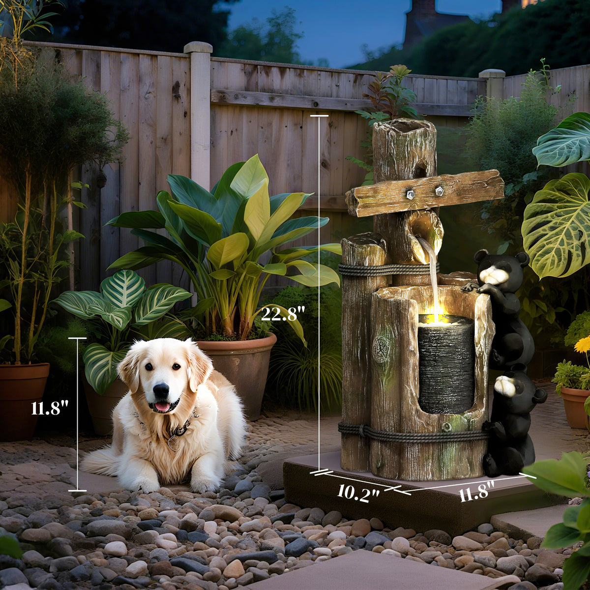 22.8" 3-Tier Resin Bear Log Outdoor Water Fountain with LED