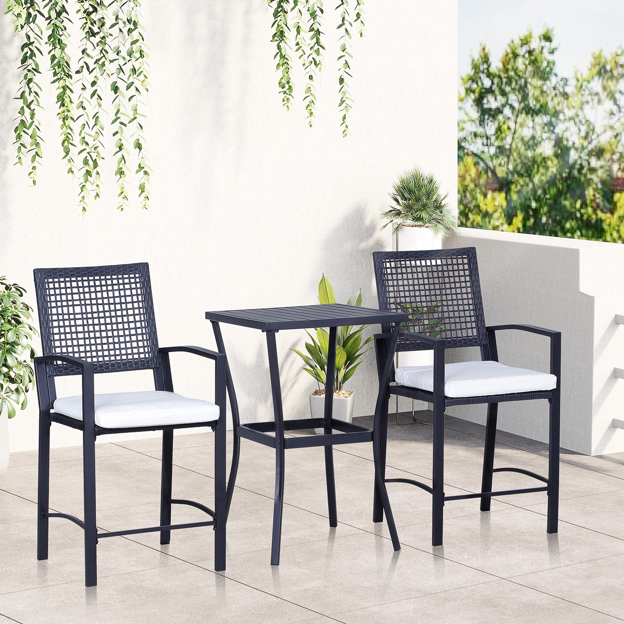 3-Piece Rattan Wicker Patio Bar Set with Cushions