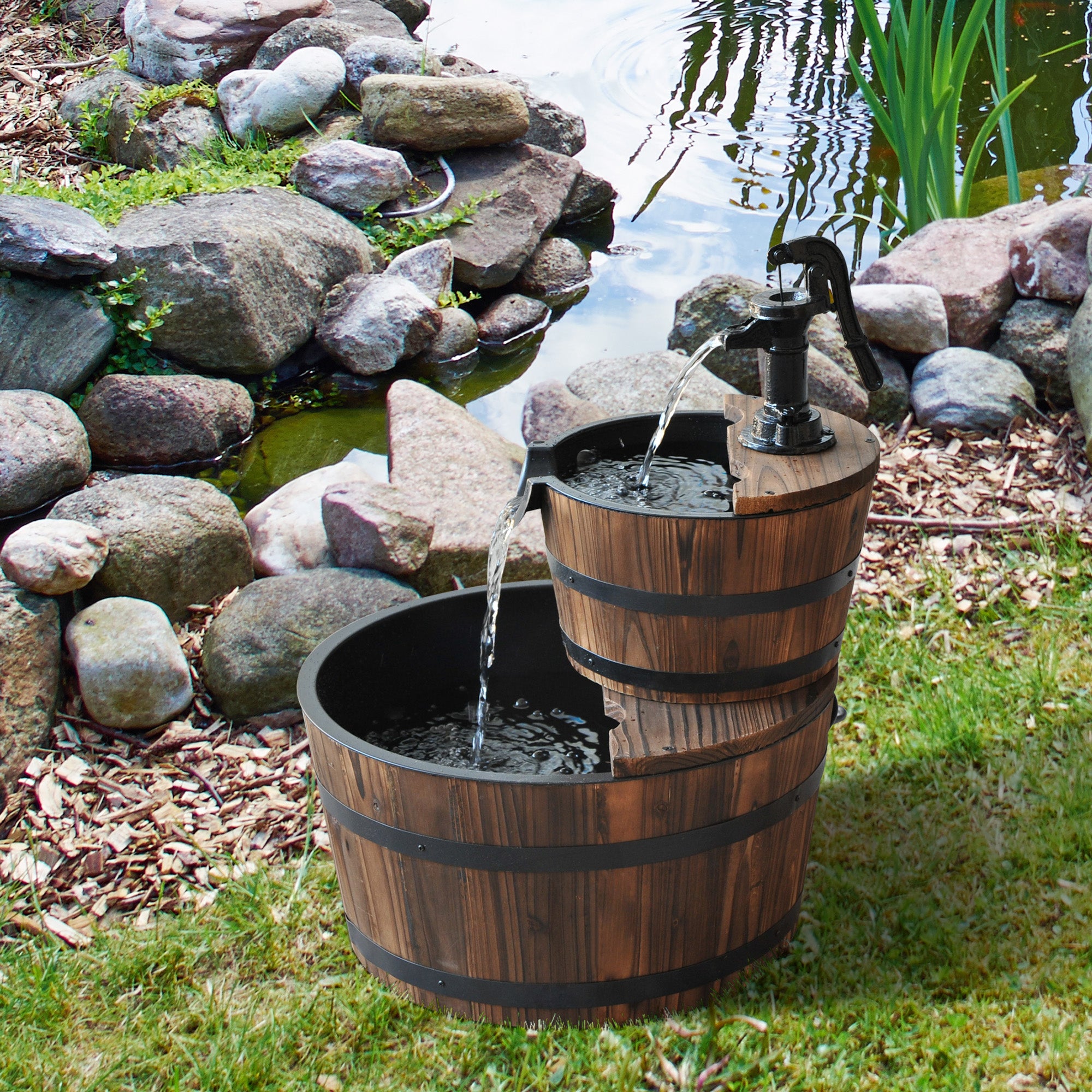 Wood 2-Tier Waterfall Barrel Fountain with Electric Pump
