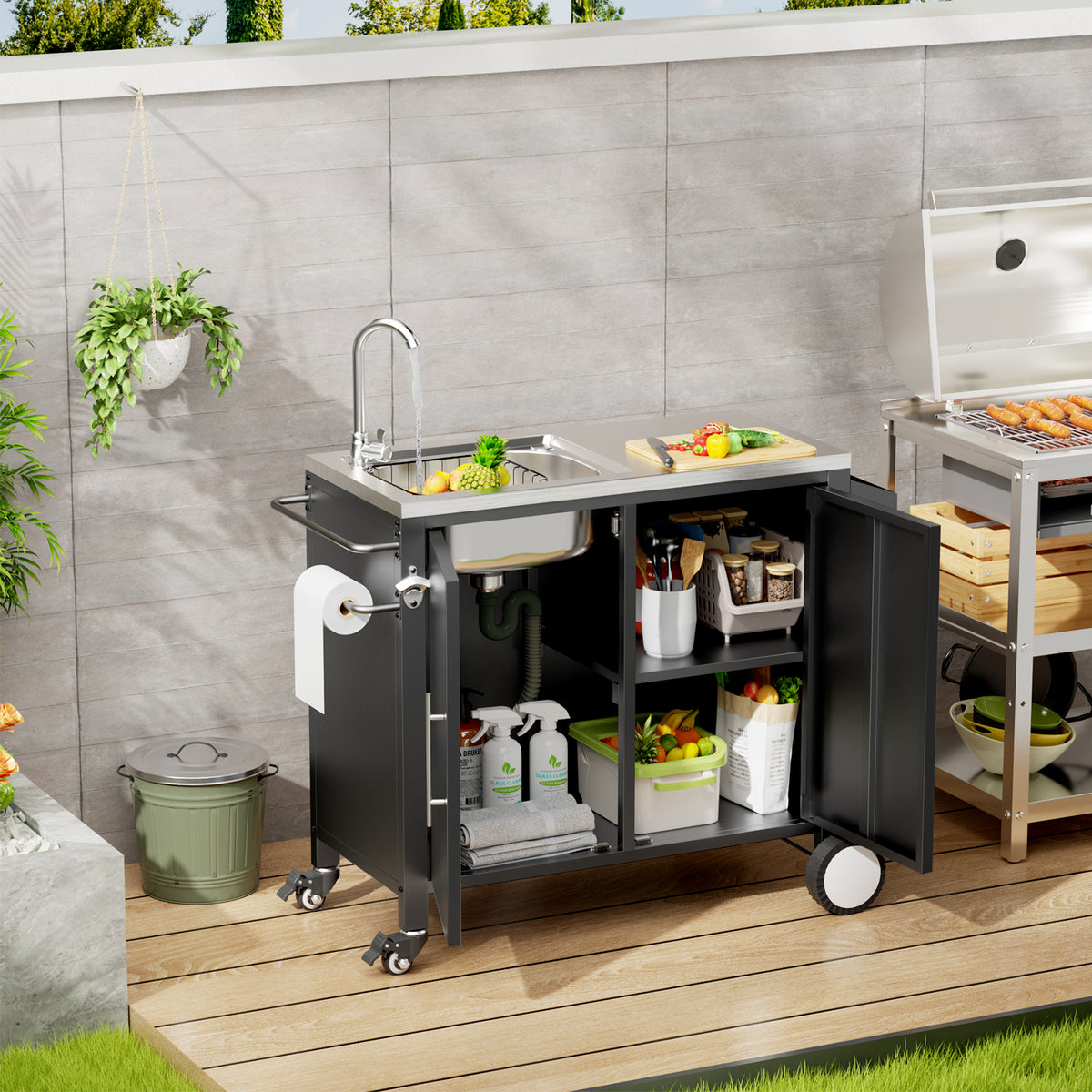 Outdoor Grill Cart with Stainless Steel Sink, 38x18x35in