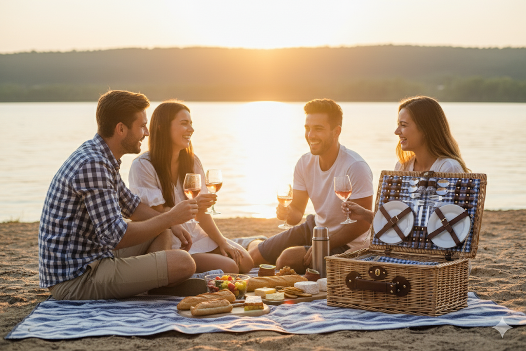 Wicker Picnic Basket Set For Four Gingham Liner