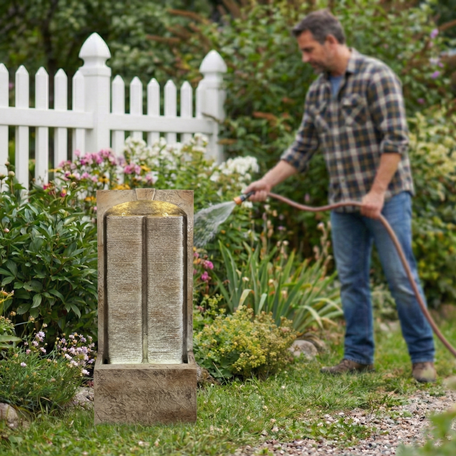 39 Inch Cascading Outdoor Water Fountain with LED Lights