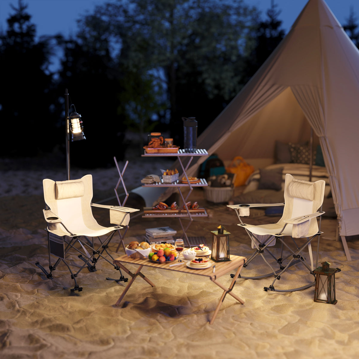 Folding Rocking Camping Chair Set with Headrest & Cooler, 2-Pack