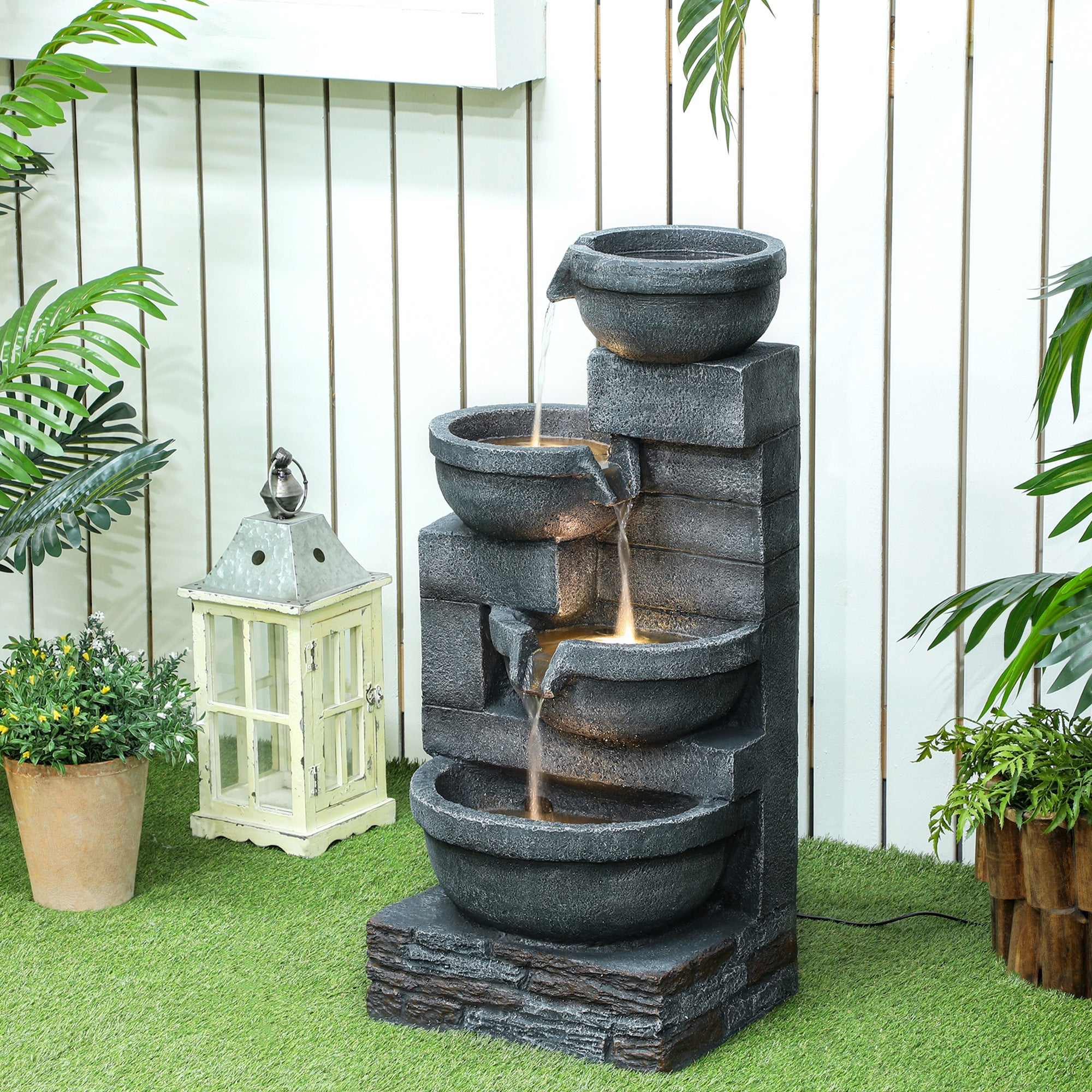 30" Tall 4-Tier Resin Outdoor Waterfall Fountain with LED Lights