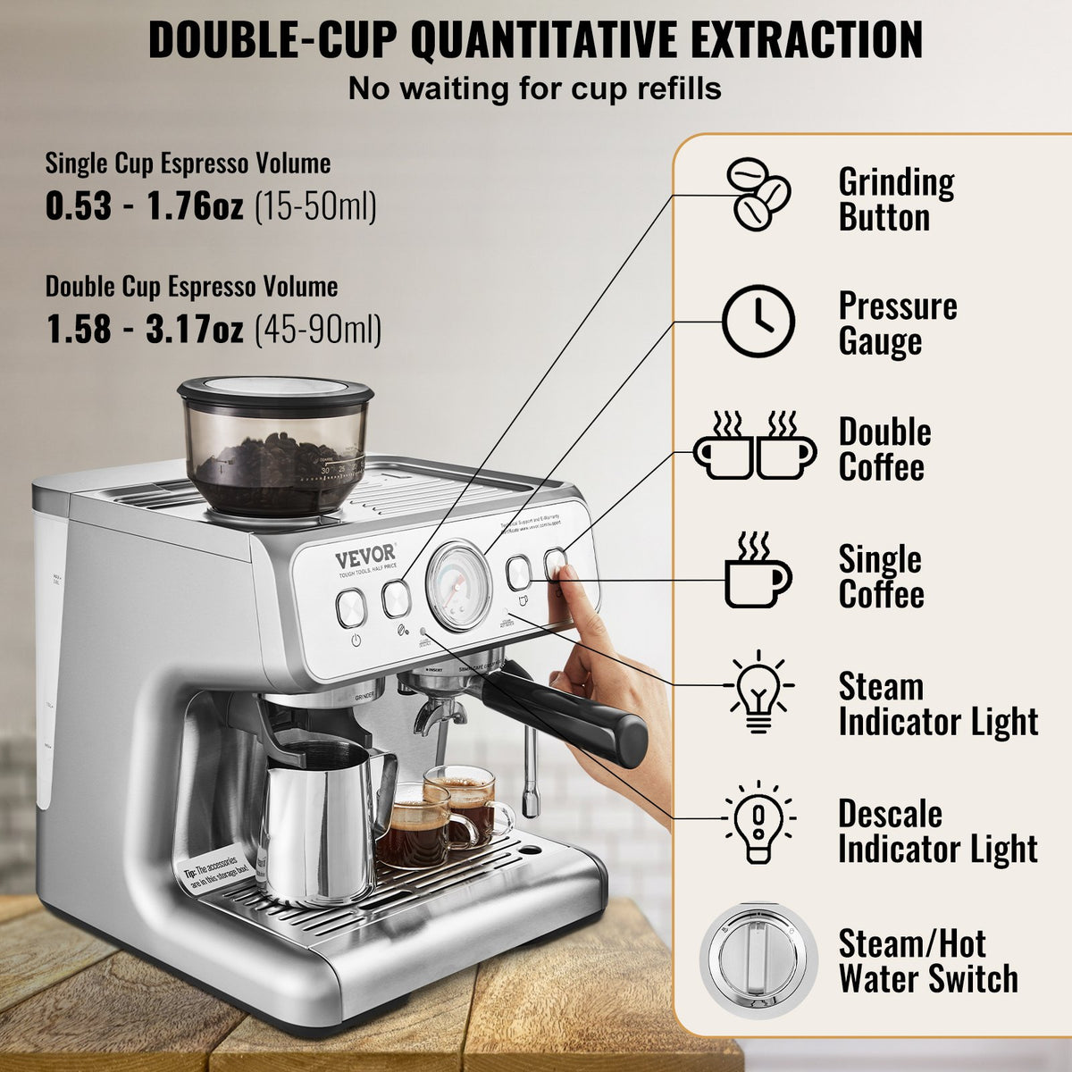 15 Bar Semi-Automatic Espresso Machine with Grinder & Milk Frother
