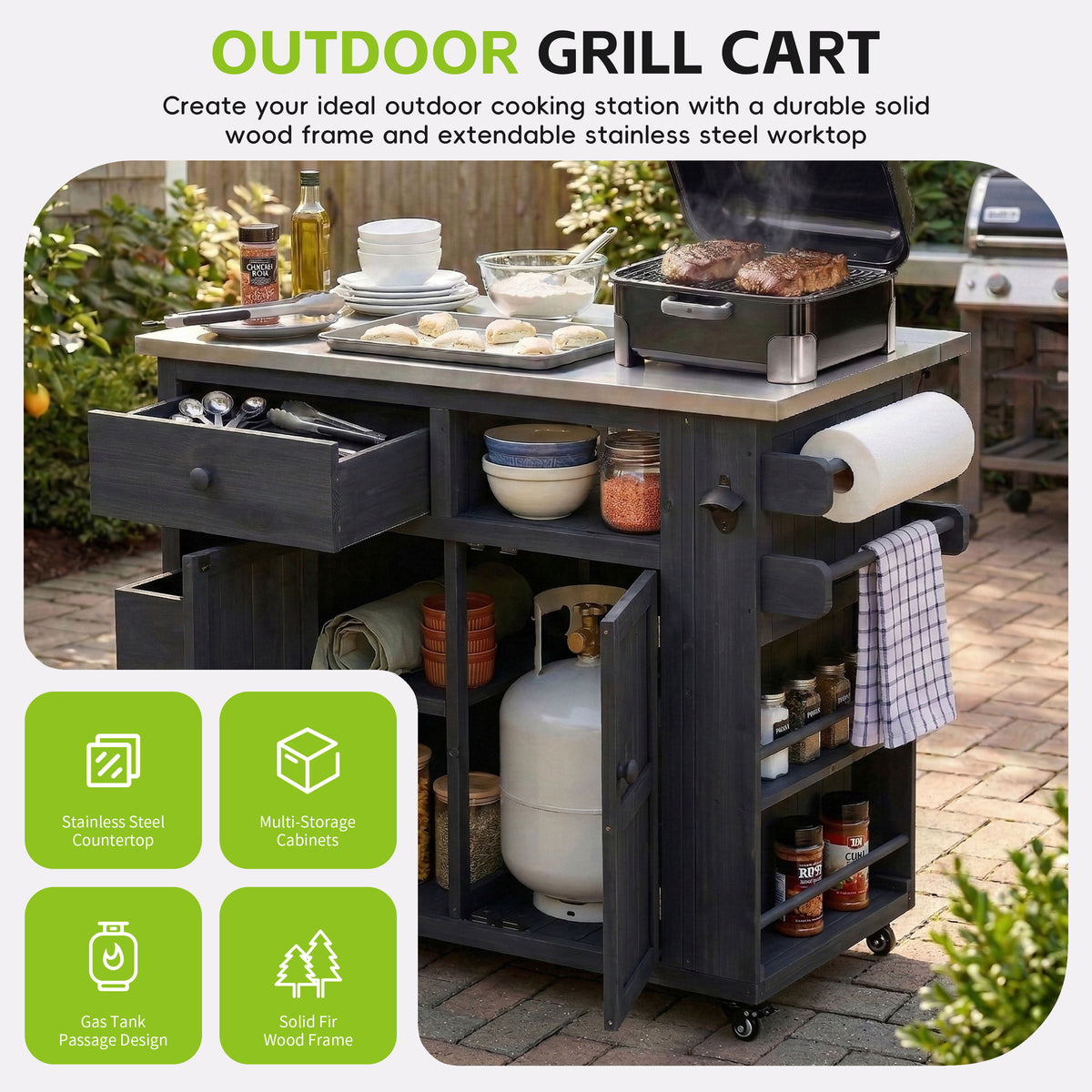 TOPMAx Outdoor Solid Wood Extendable 19.3 28 Kitchen Island Stainless