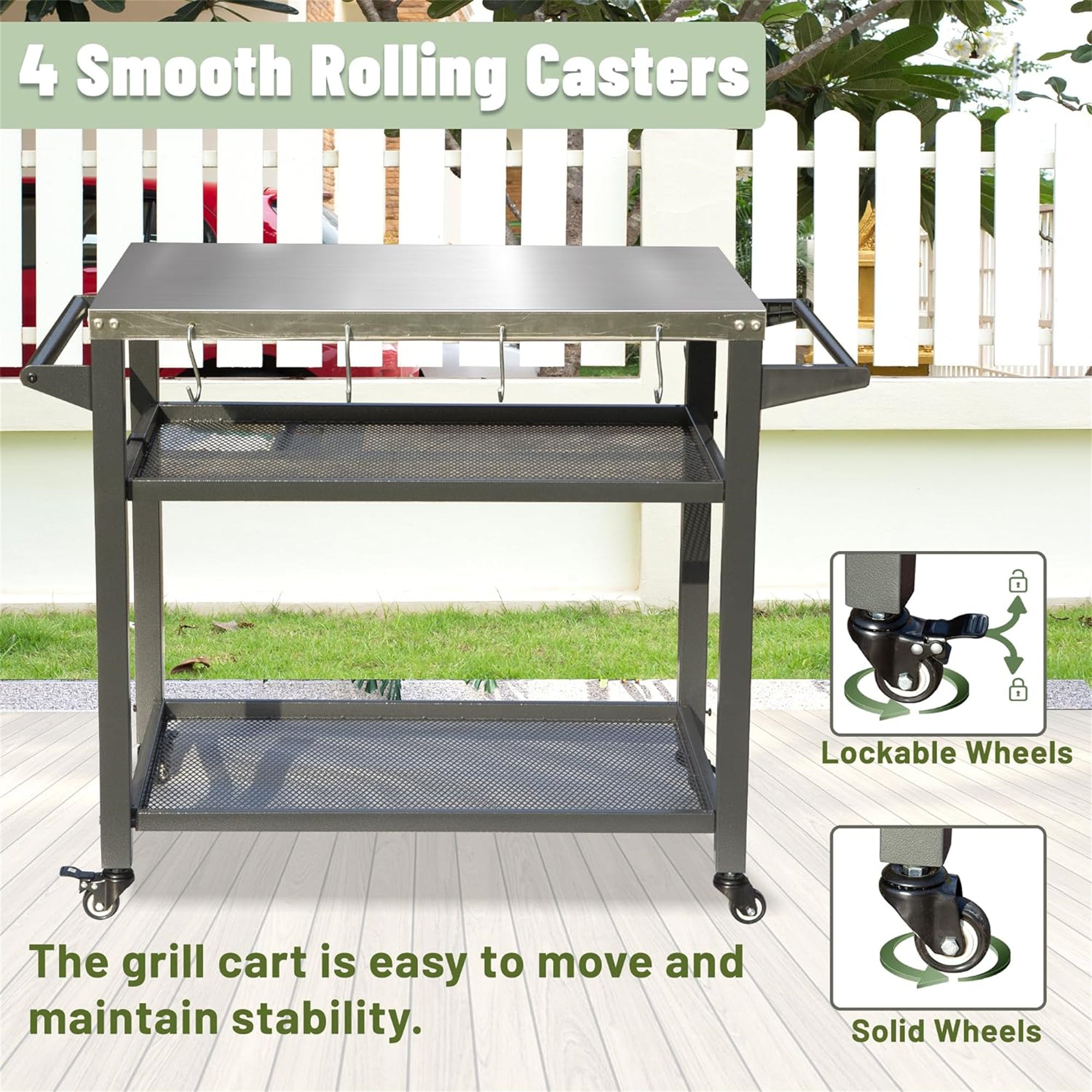3-Shelf Grill Cart with Stainless Steel Tabletop