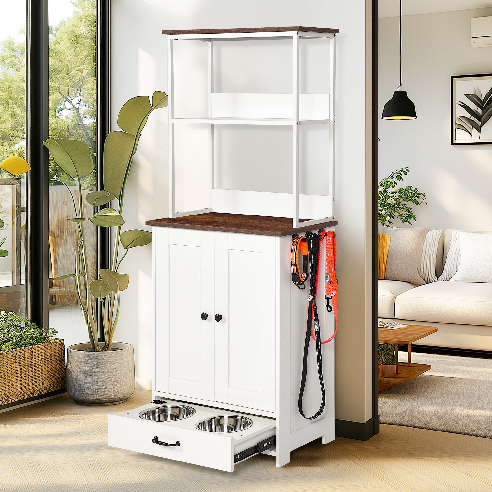 Adjustable Pet Feeding Station with Storage & 2-Level Shelving