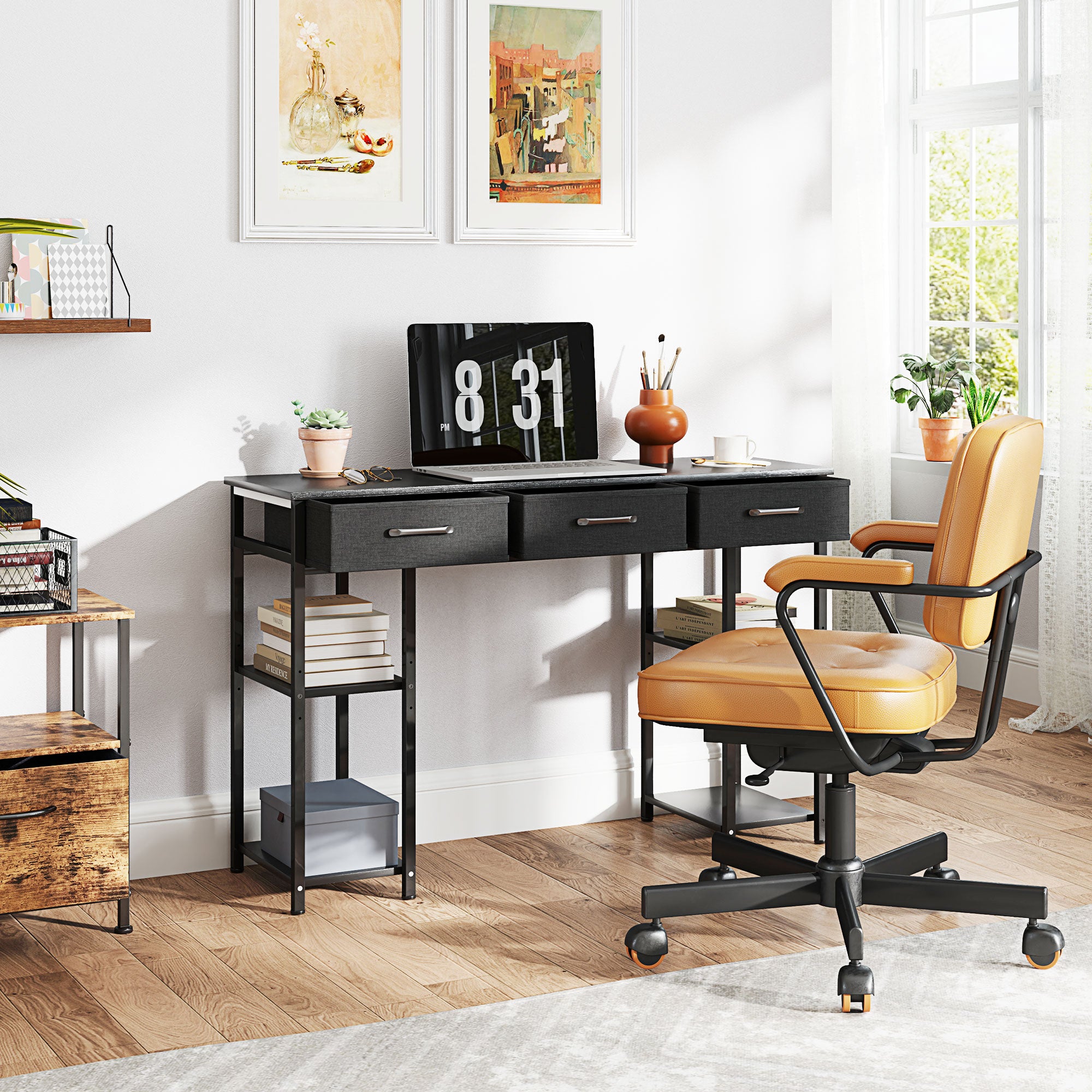 47" Computer Desk with Fabric Drawers and Adjustable Shelves