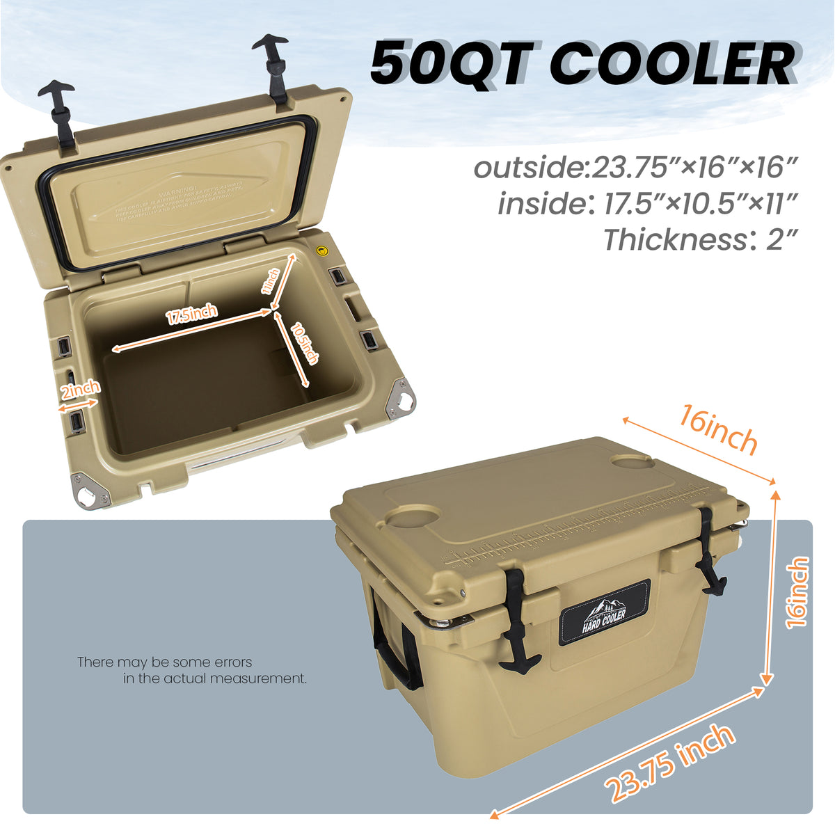 50 Quart Khaki Hard Shell Cooler with 6-Day Ice Retention