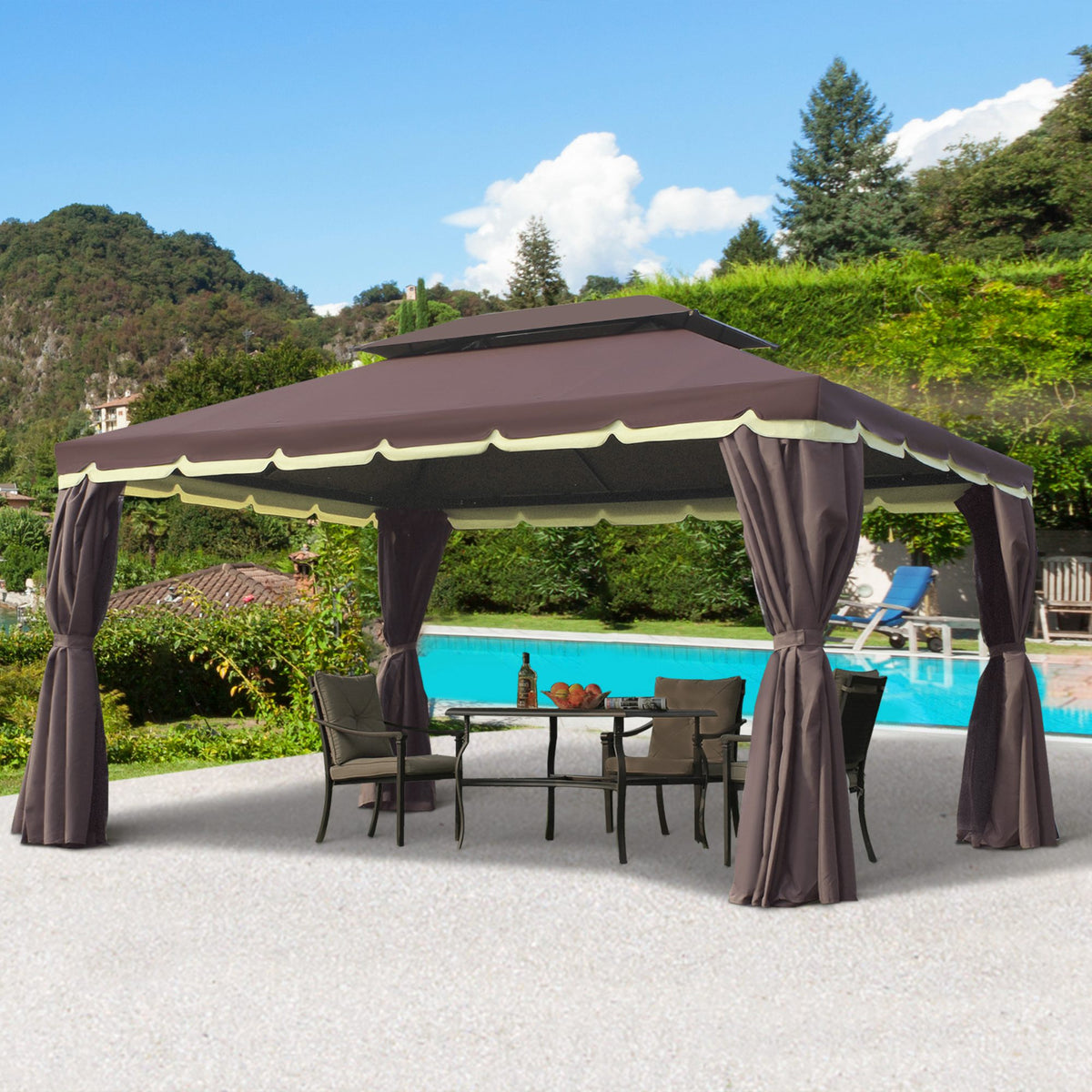 10x13 Aluminum Patio Gazebo with Double Roof, Netting & Curtains