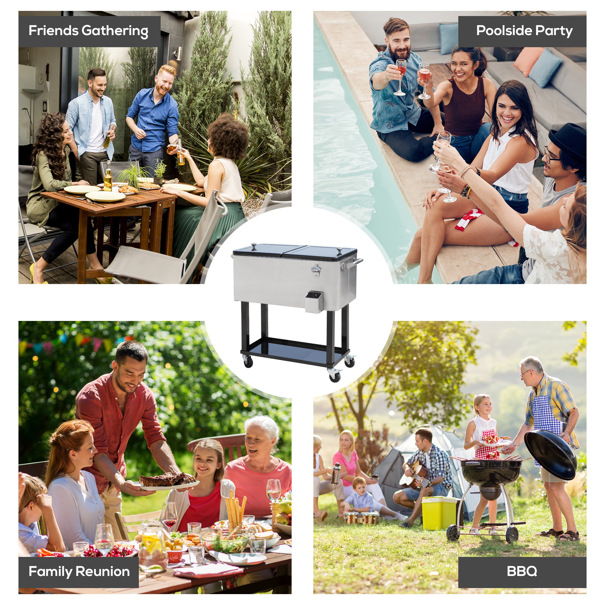 80 Qt Rolling Cooler Cart with Wheels for Outdoor Parties