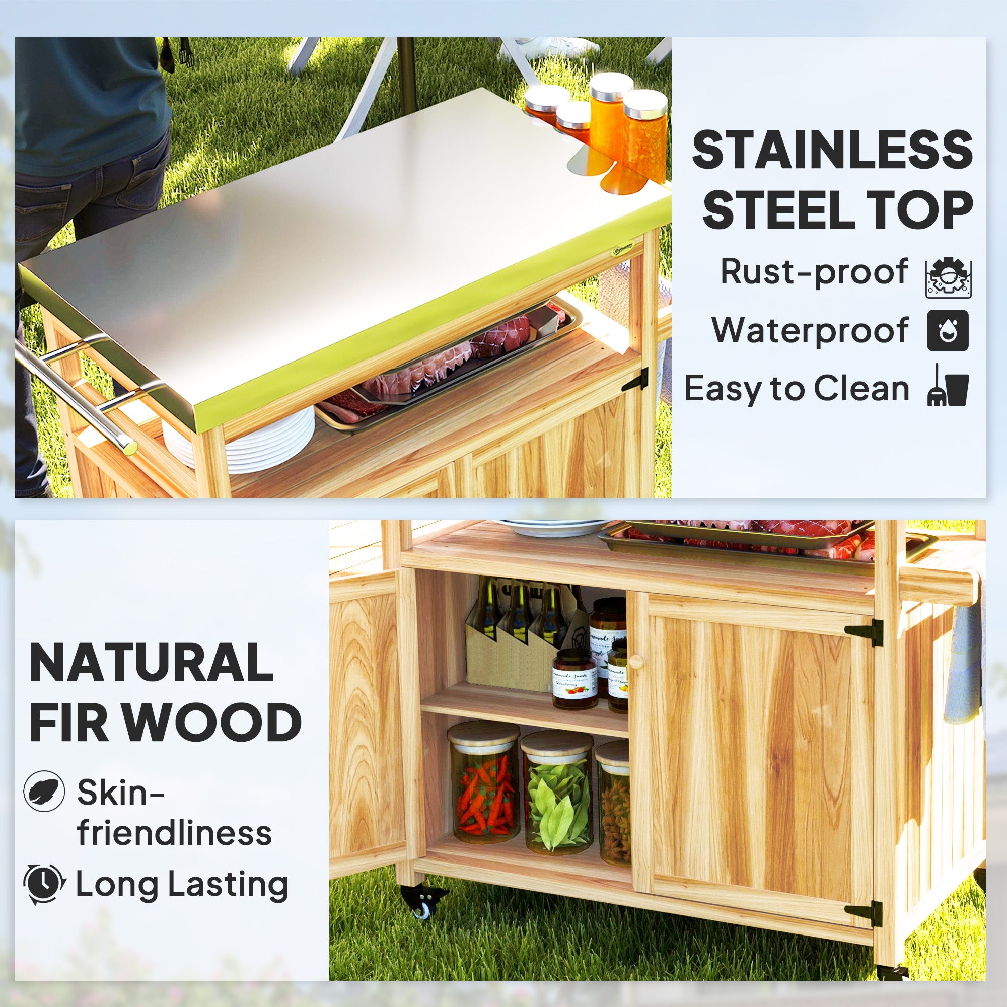 Outdoor Grill Cart with Stainless Steel Top & Wood Storage