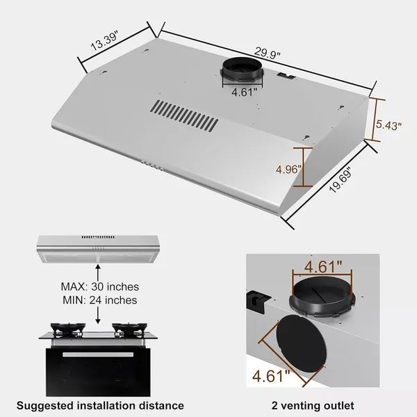 30 In Under Cabinet Range Hood 250 CFM Stainless Steel