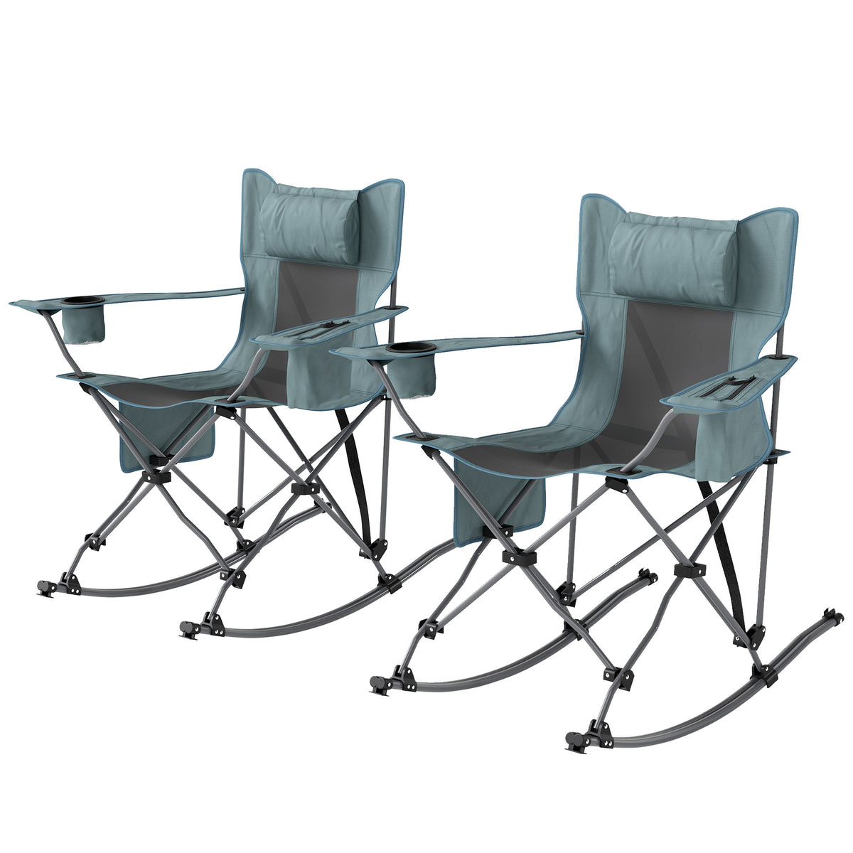 Folding Rocking Camping Chair 2-Pack with Headrest & Cooler