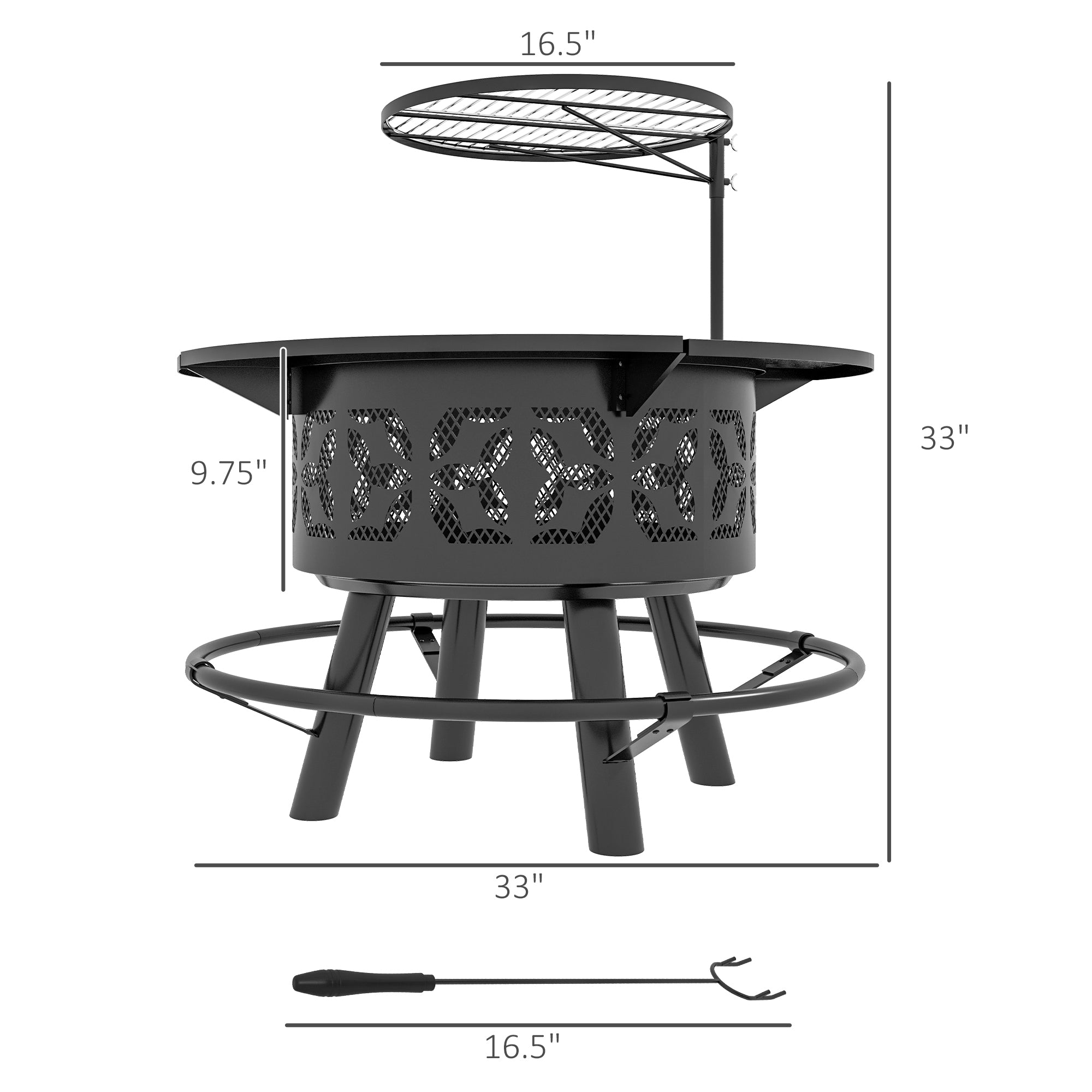 33" Wood Burning Fire Pit BBQ Grill with Cooking Grate