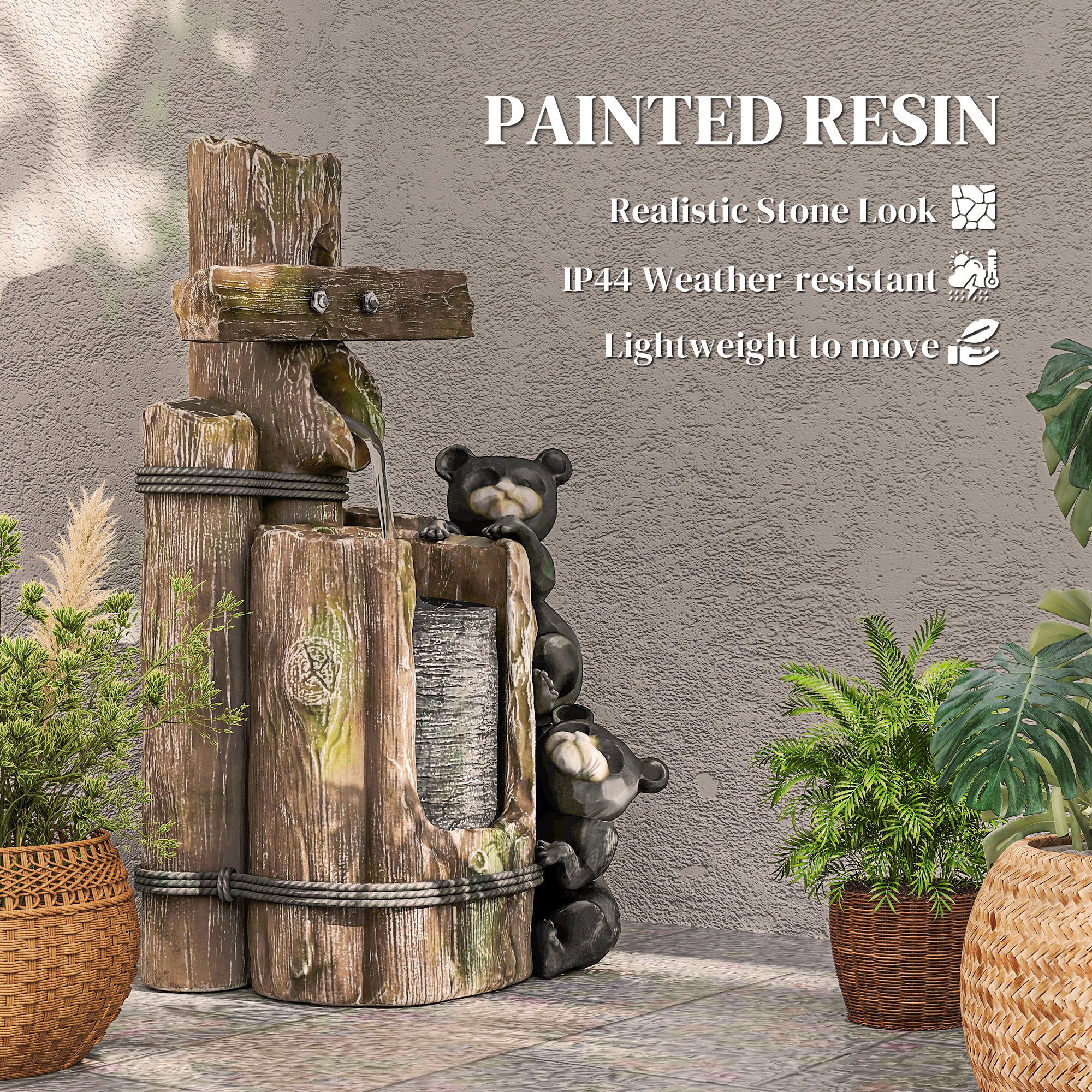 22.8" 3-Tier Resin Bear Outdoor Water Fountain with LED