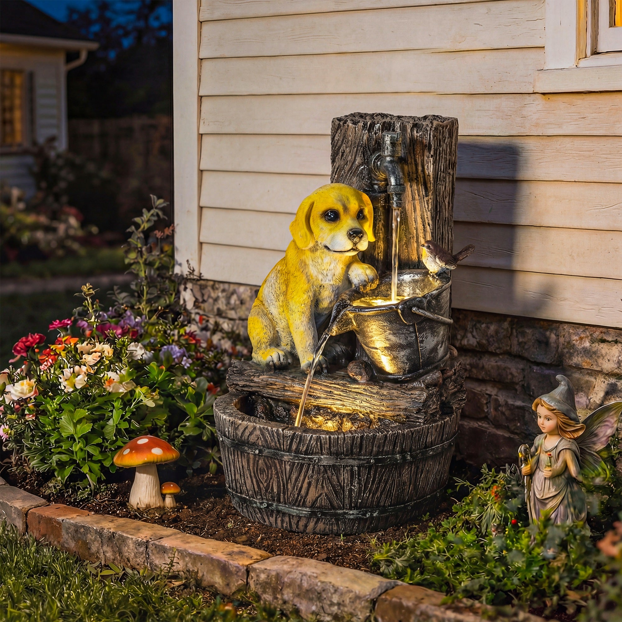 22" 3-Tier Puppy Resin Garden Fountain with LED