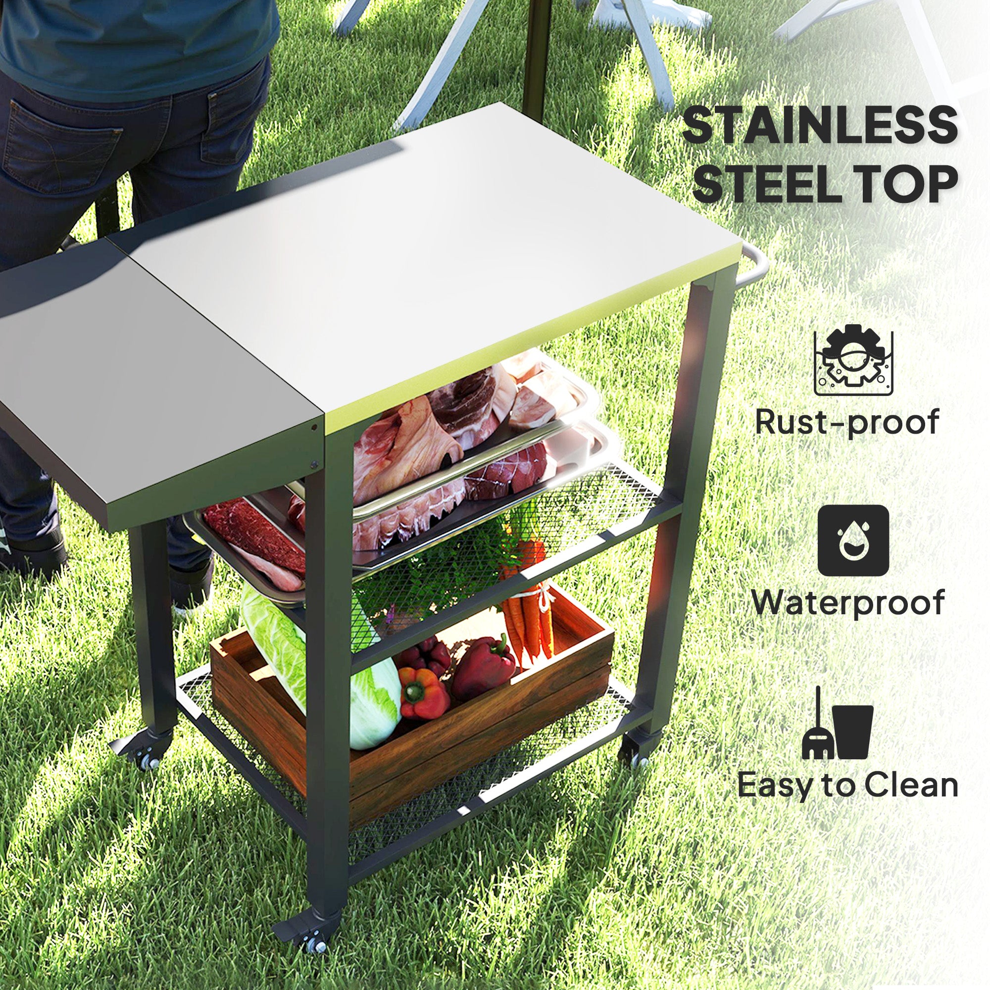 Three-Shelf Stainless Steel Outdoor Grill Cart with Foldable Side Table