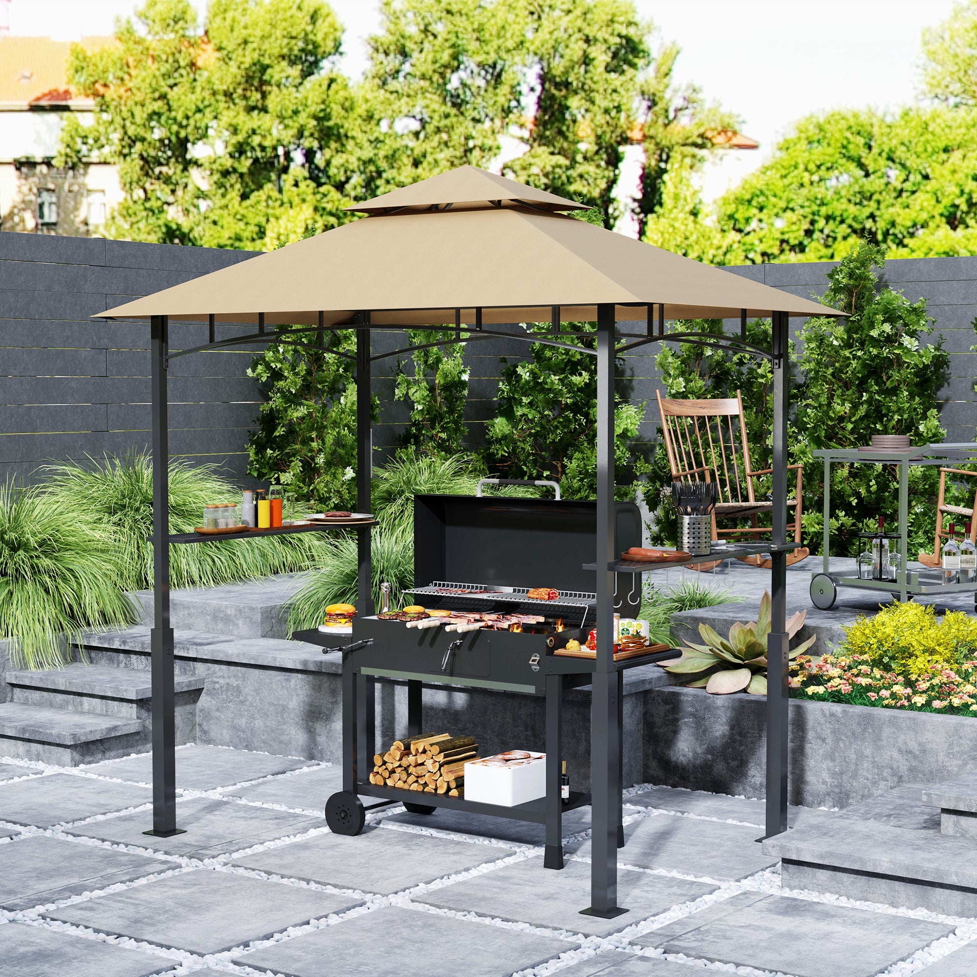 8x5 Outdoor Grill Gazebo with LED Lights and Shelves