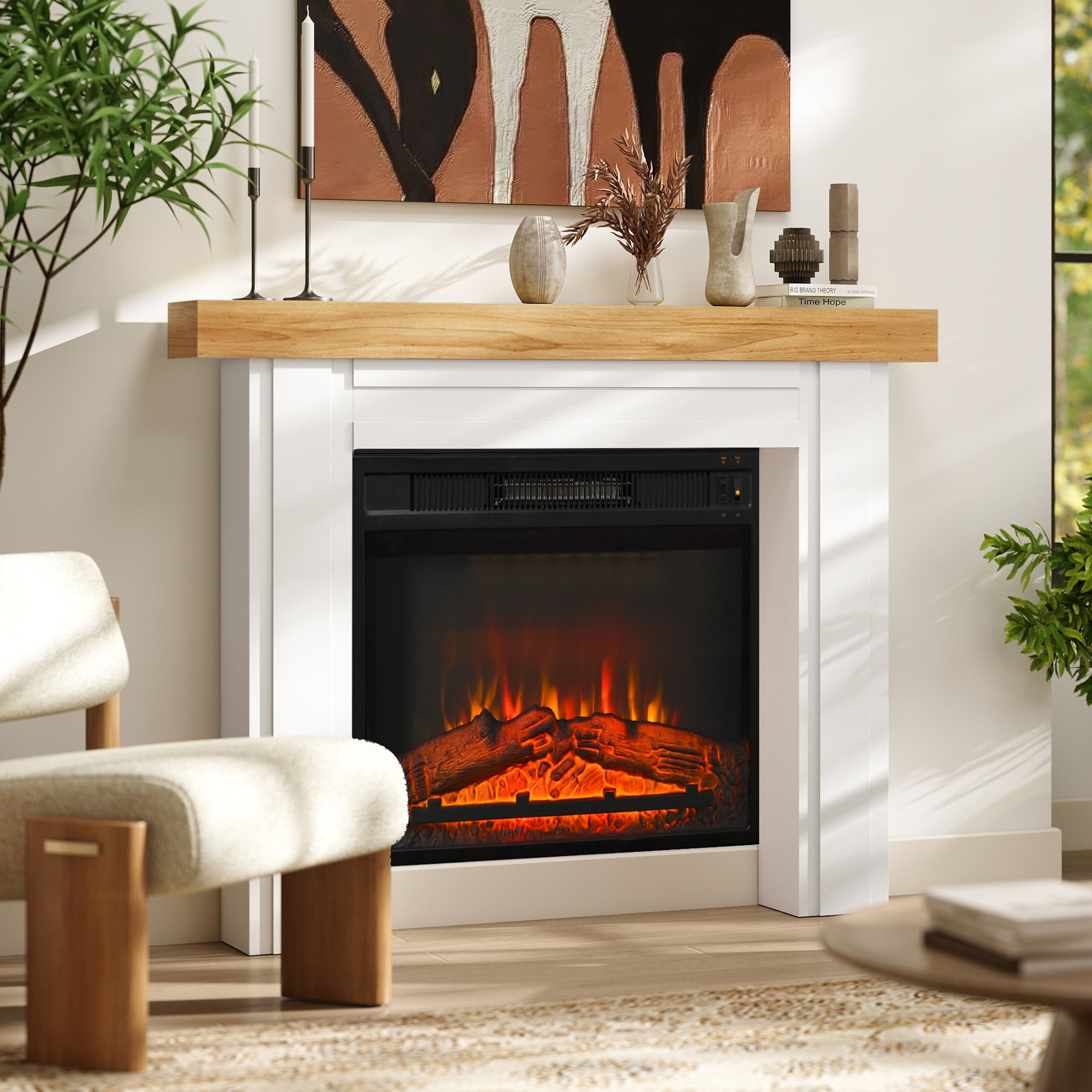 Natural Wood Freestanding Fireplace Mantel Surround 51.2"W x 40.6"H