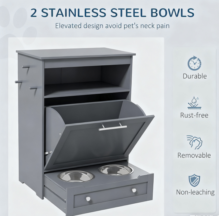 Dog Raised Bowl Feeder Station Storage Cabinet, Gray