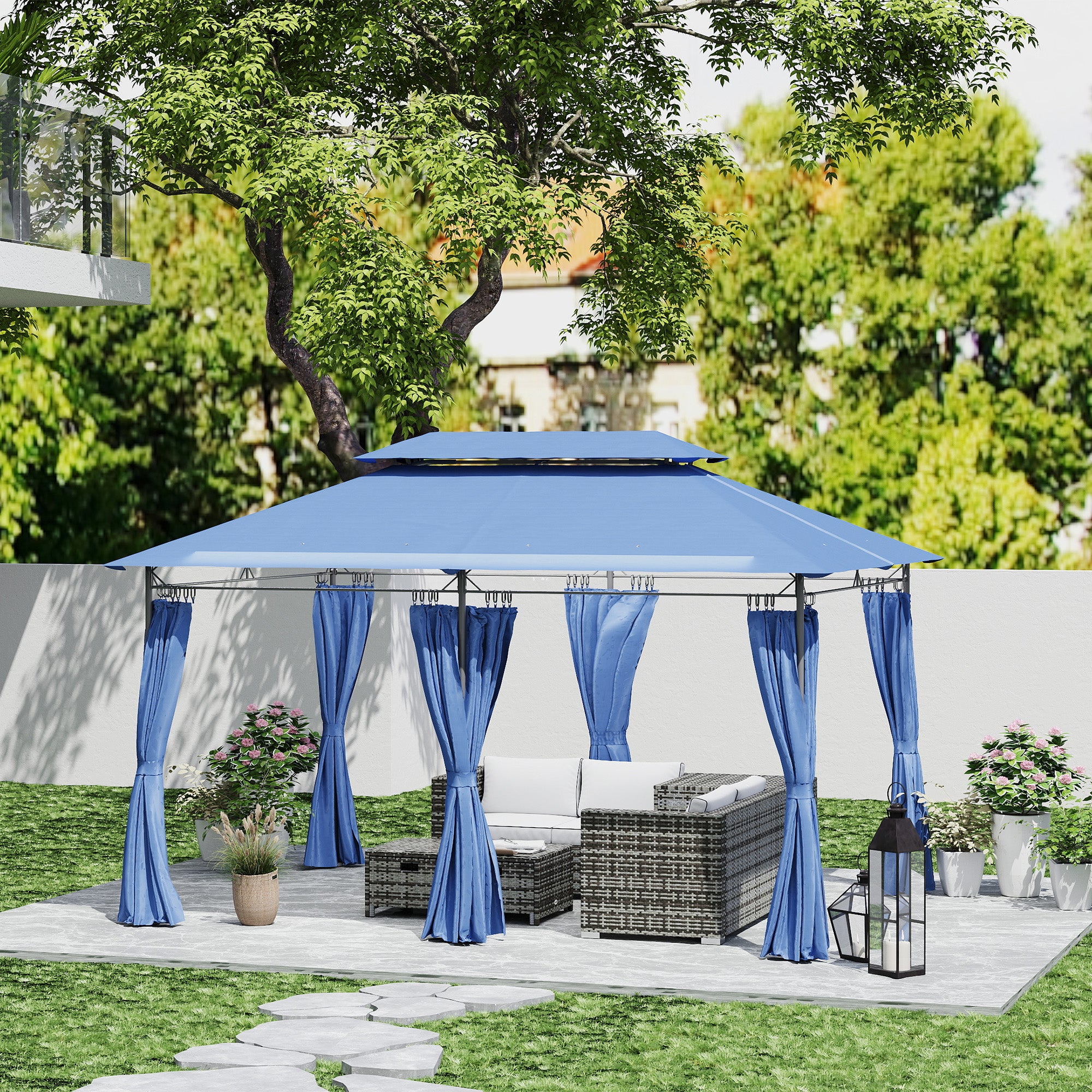 10 x 13 Double Roof Patio Gazebo with Curtains, Dark Blue