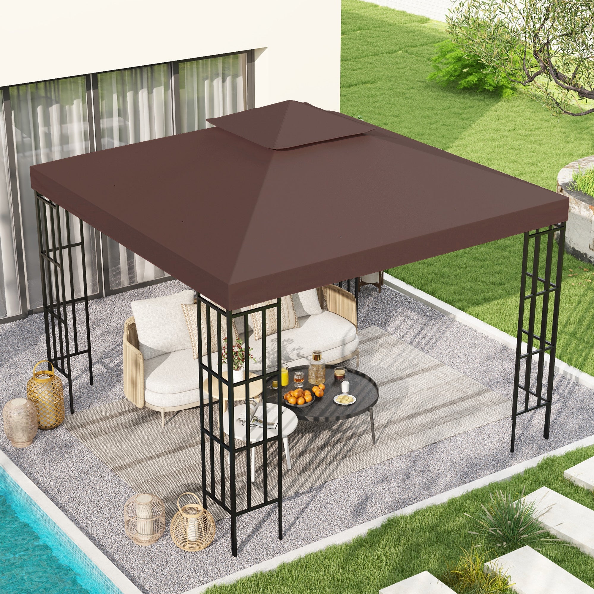 9.84x9.84 Gazebo Replacement Canopy Top 2-Tier Coffee