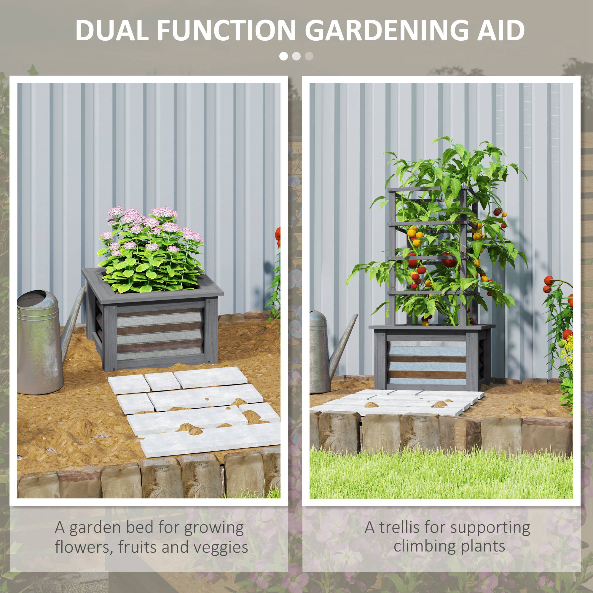Wooden Raised Garden Bed with Trellis and Galvanized Planter Box