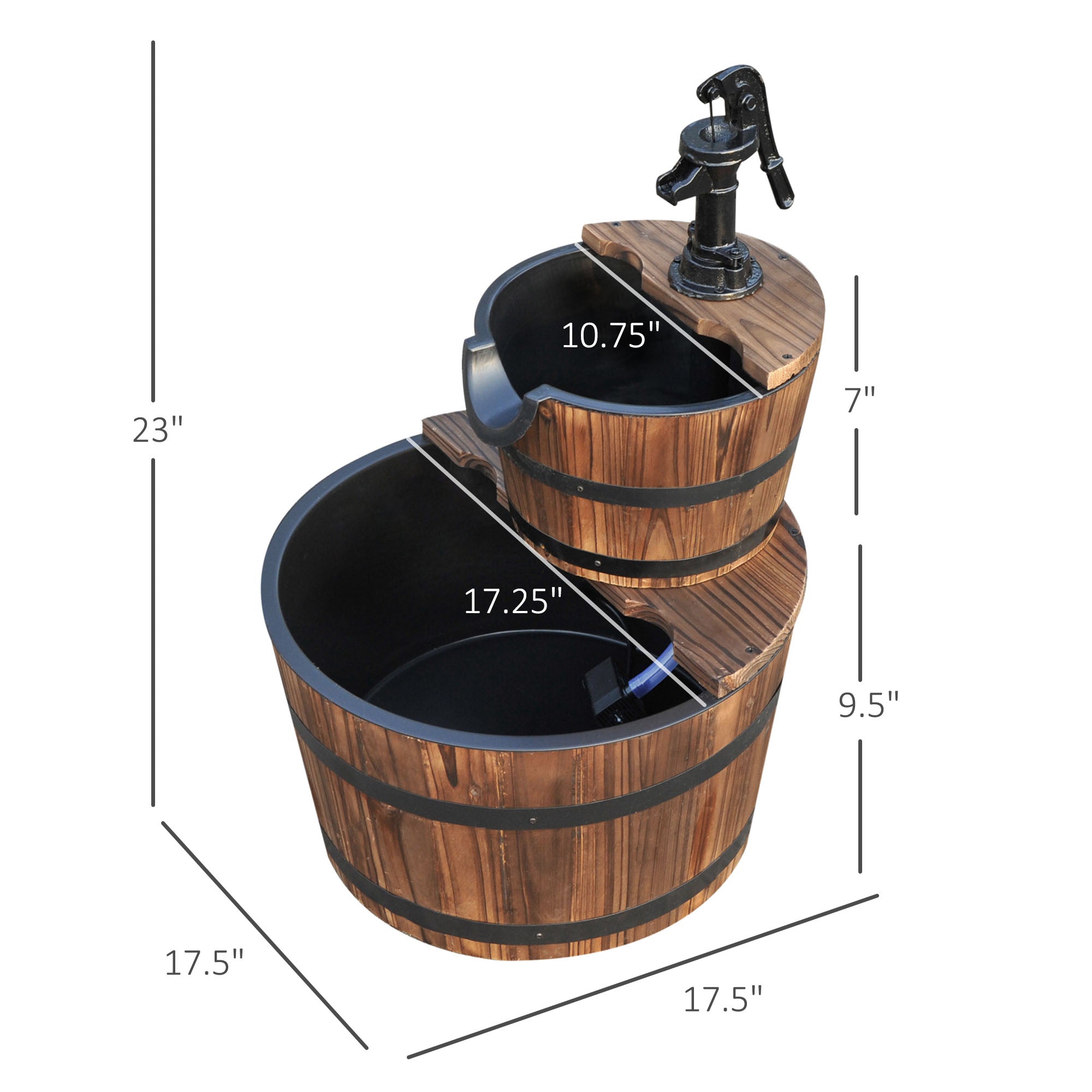 Wood 2-Tier Waterfall Barrel Fountain with Electric Pump