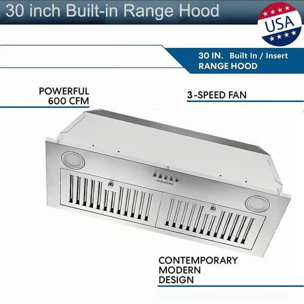 30" Built-In Range Hood 600CFM Convertible Vent Fan with LEDs